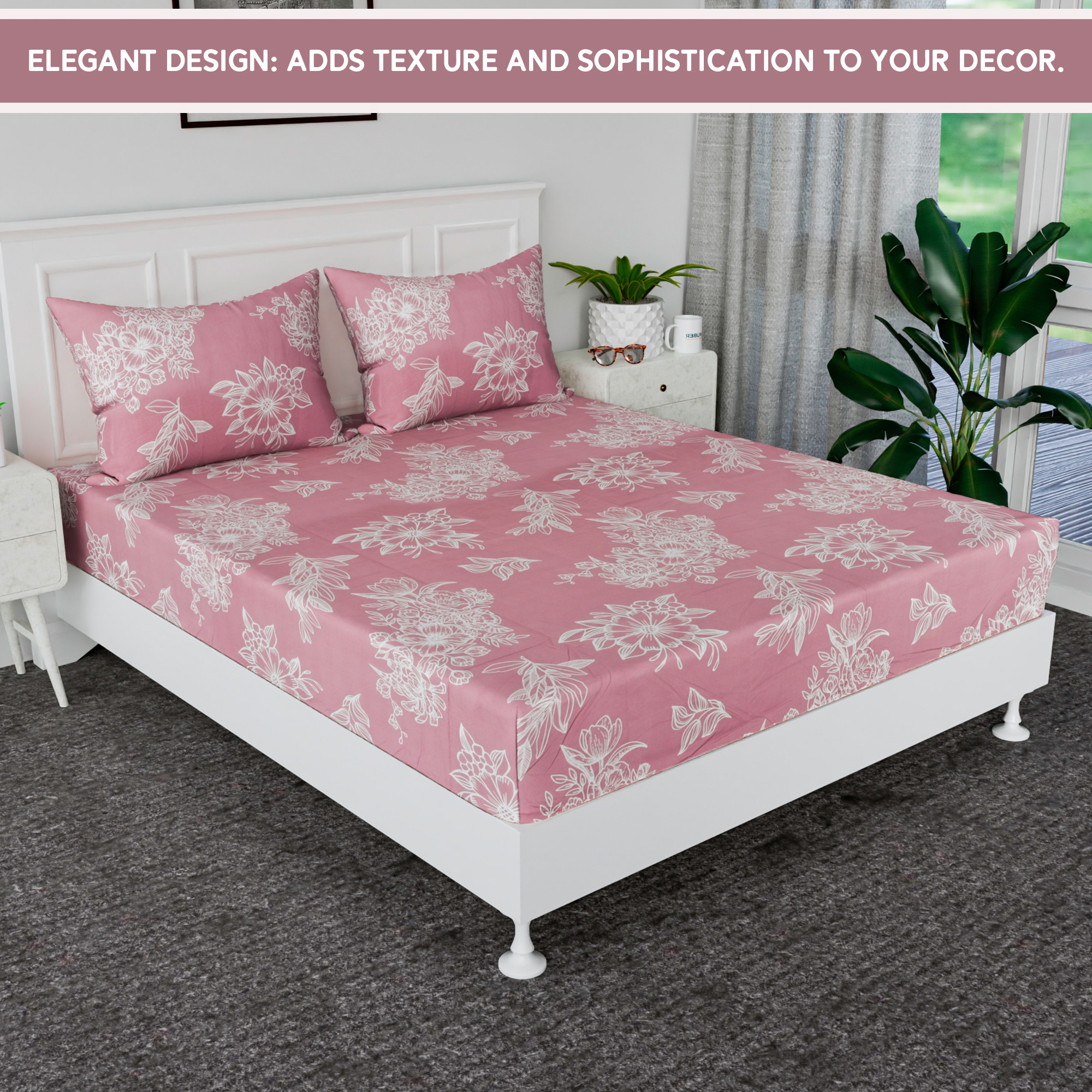 Kuber Industries Cotton Bedsheets for Double Bed with 2 Pillow Covers  Soft Fabric for Comfortable  Stylish Bedroom  Ideal for Home  Hotel Decor  Lotus Fabio -Pink  White