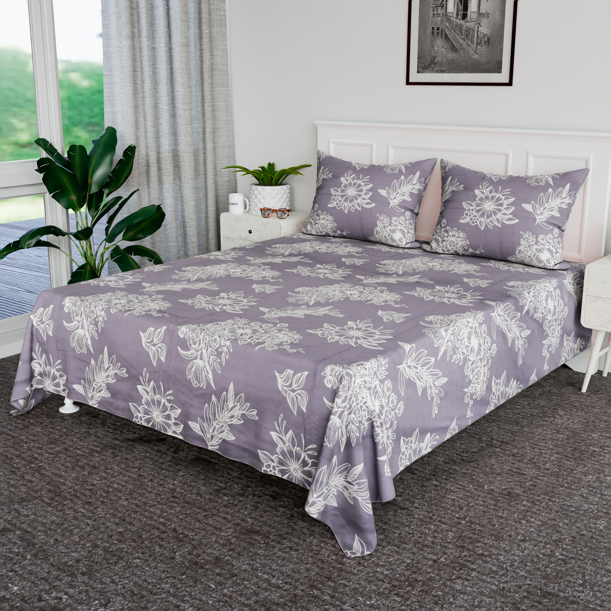 Kuber Industries Cotton Bedsheets for Double Bed with 2 Pillow Covers  Soft Fabric for Comfortable  Stylish Bedroom  Ideal for Home  Hotel Decor  Lotus Fabio -Grey  White