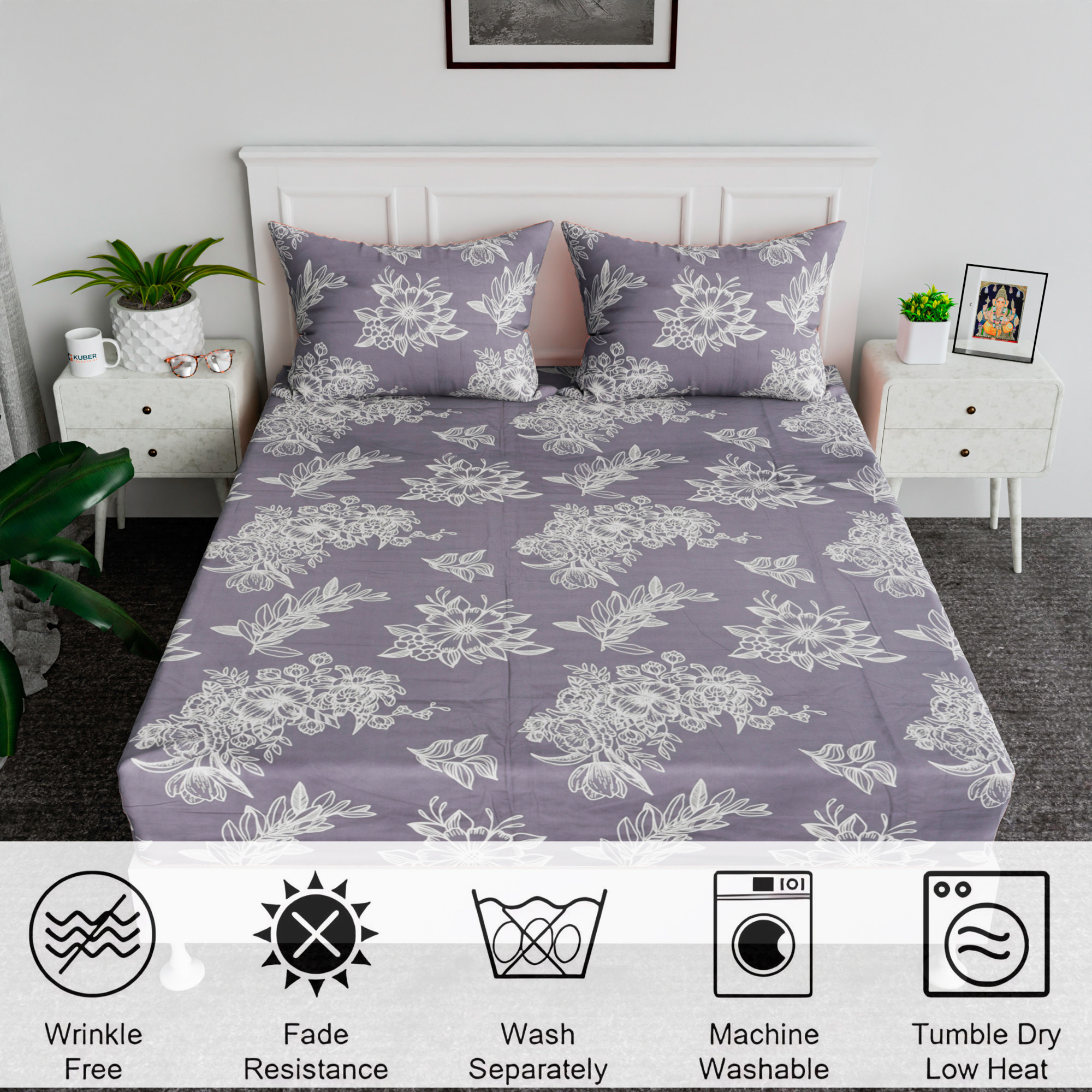 Kuber Industries Cotton Bedsheets for Double Bed with 2 Pillow Covers  Soft Fabric for Comfortable  Stylish Bedroom  Ideal for Home  Hotel Decor  Lotus Fabio -Grey  White