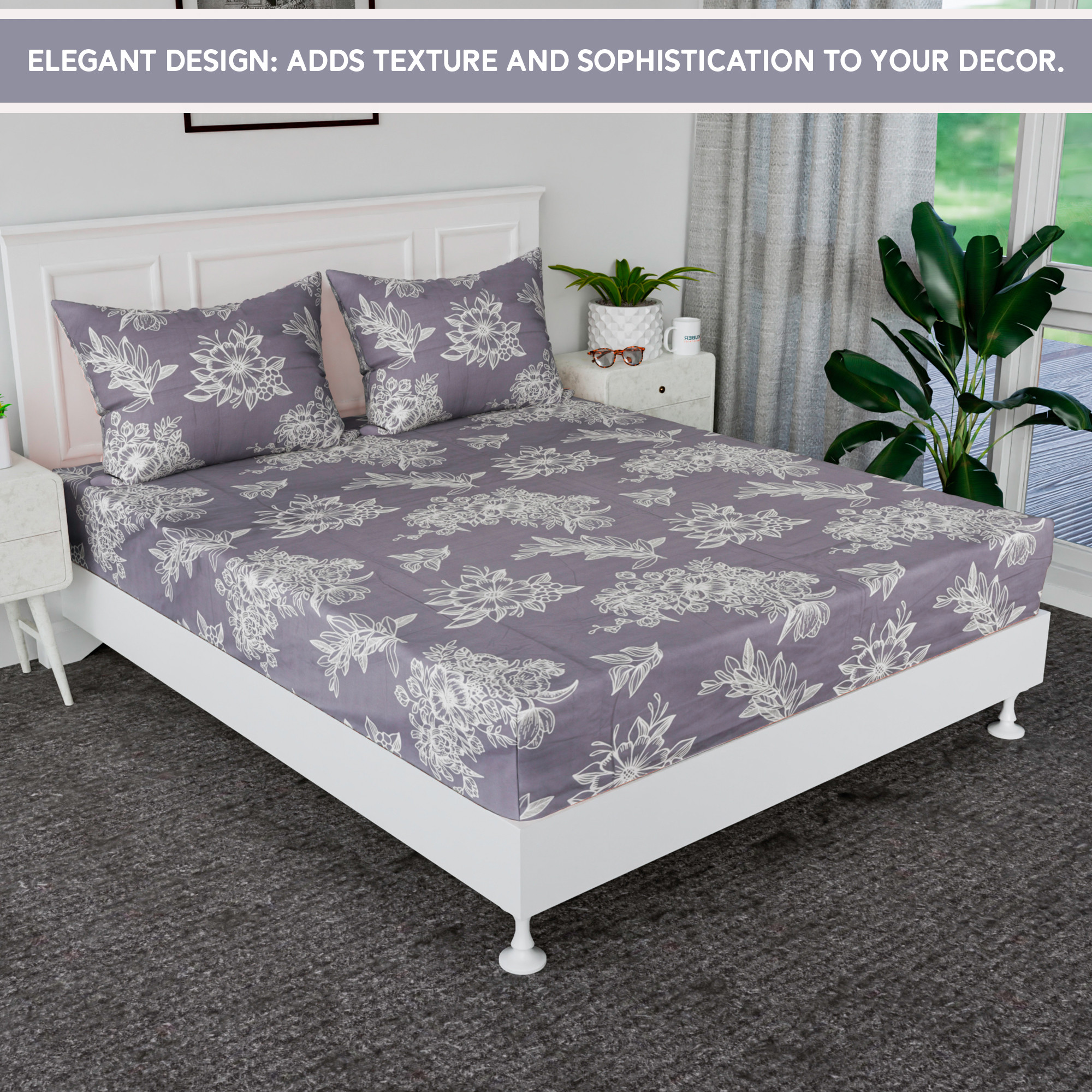 Kuber Industries Cotton Bedsheets for Double Bed with 2 Pillow Covers  Soft Fabric for Comfortable  Stylish Bedroom  Ideal for Home  Hotel Decor  Lotus Fabio -Grey  White