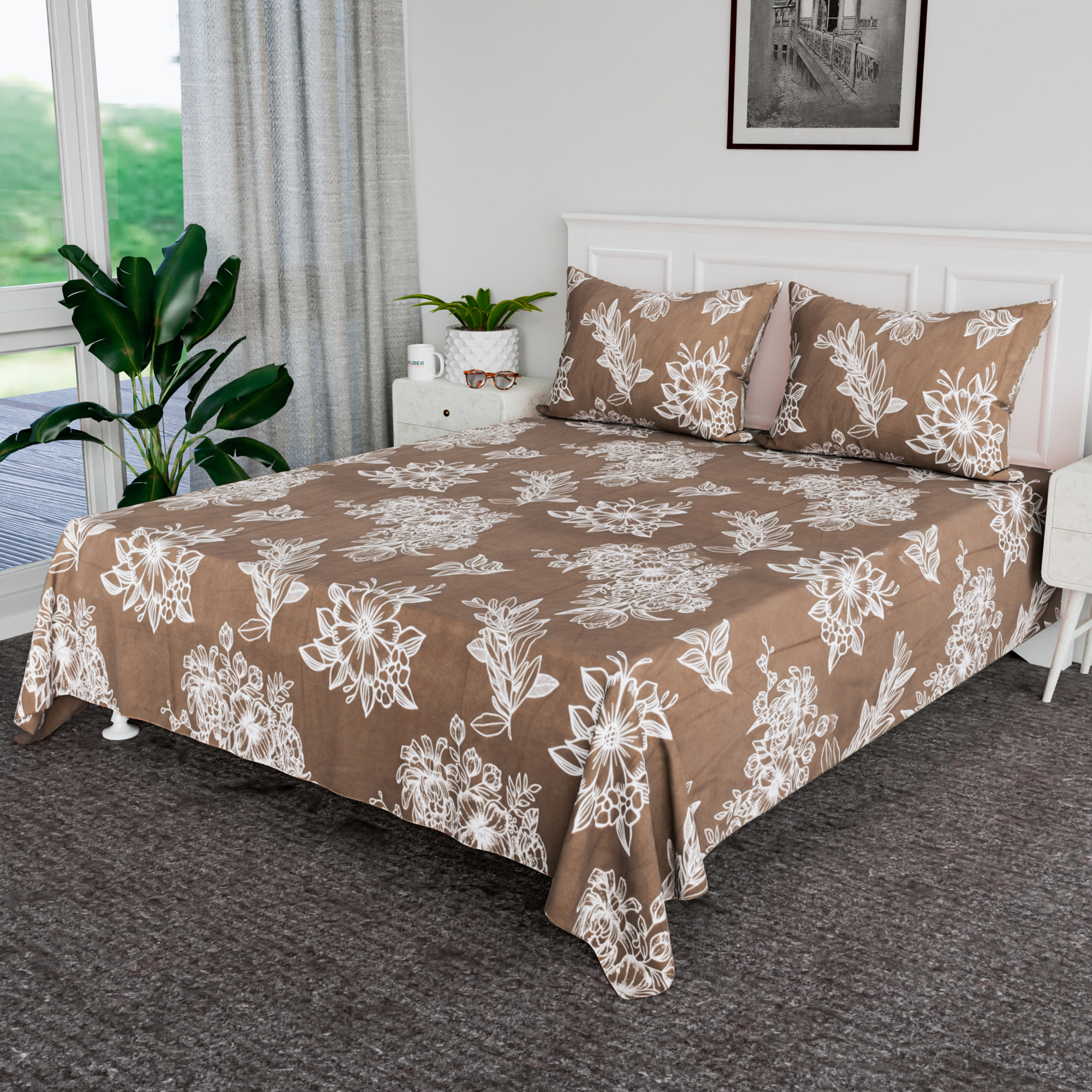Kuber Industries Cotton Bedsheets for Double Bed with 2 Pillow Covers  Soft Fabric for Comfortable  Stylish Bedroom  Ideal for Home  Hotel Decor  Lotus Fabio -Brown  White