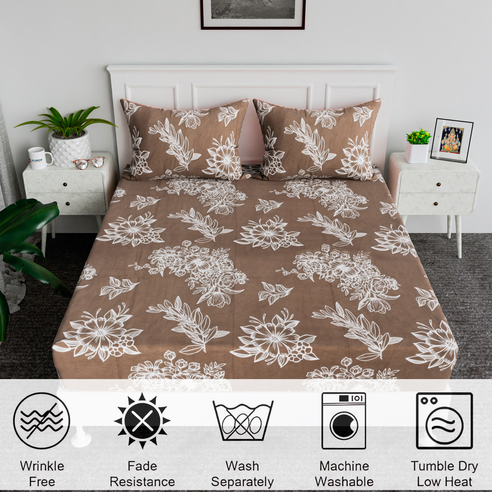 Kuber Industries Cotton Bedsheets for Double Bed with 2 Pillow Covers  Soft Fabric for Comfortable  Stylish Bedroom  Ideal for Home  Hotel Decor  Lotus Fabio -Brown  White
