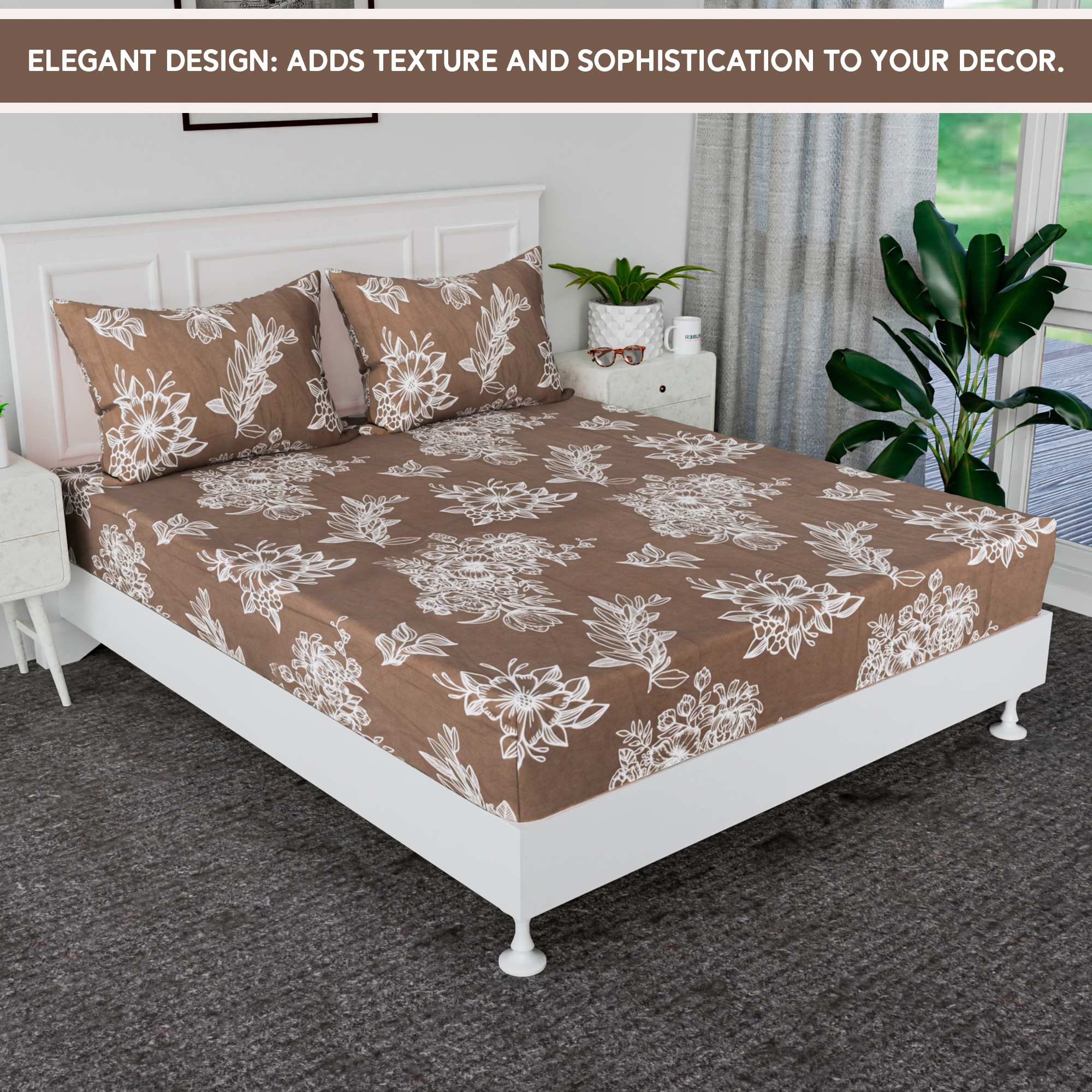 Kuber Industries Cotton Bedsheets for Double Bed with 2 Pillow Covers  Soft Fabric for Comfortable  Stylish Bedroom  Ideal for Home  Hotel Decor  Lotus Fabio -Brown  White