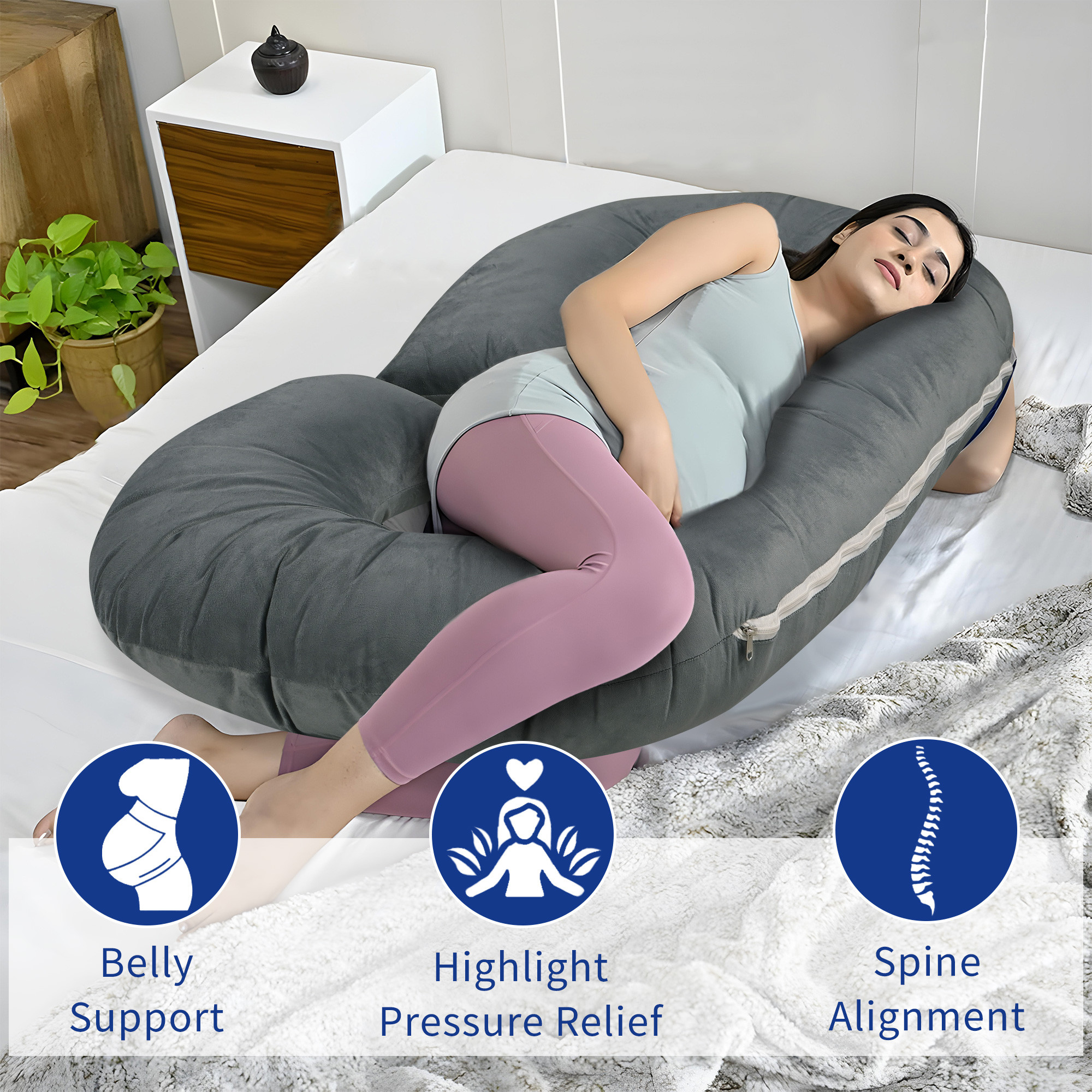 Kuber Industries Cotton C Shaped Pregnancy Pillow for Women - Support for Back Hips Legs and Belly  Maternity Pillows for Pregnancy Sleeping  Grey