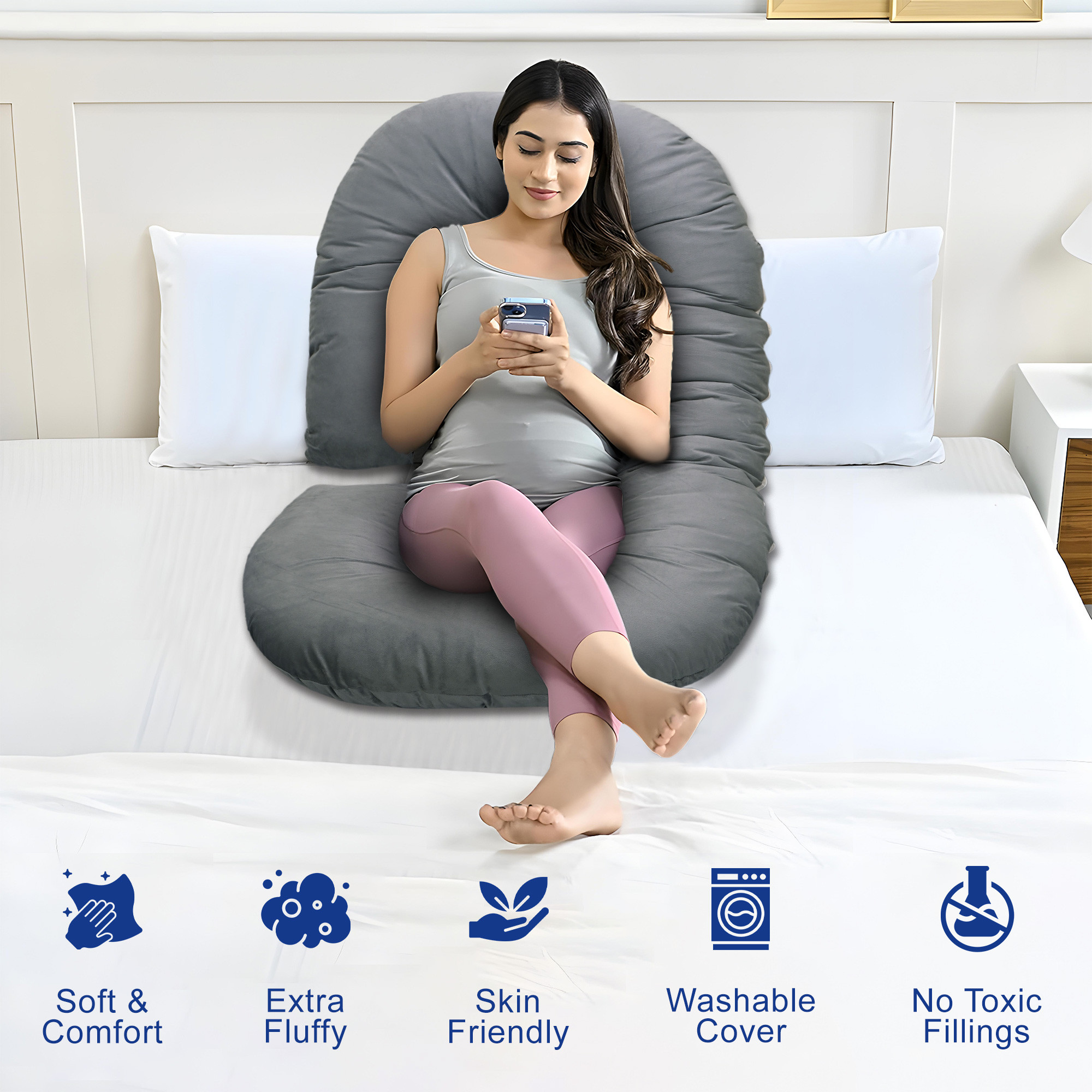 Kuber Industries Cotton C Shaped Pregnancy Pillow for Women - Support for Back Hips Legs and Belly  Maternity Pillows for Pregnancy Sleeping  Grey