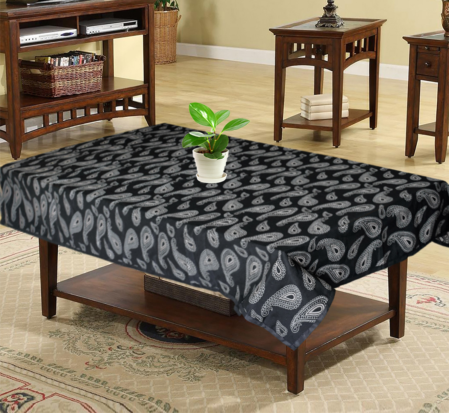 Kuber Industries Cotton Carry Print 4 Seater Center Table Cover/Table Cloth For Home Decorative 60 In. x 40 In. (Black) 54KM4376