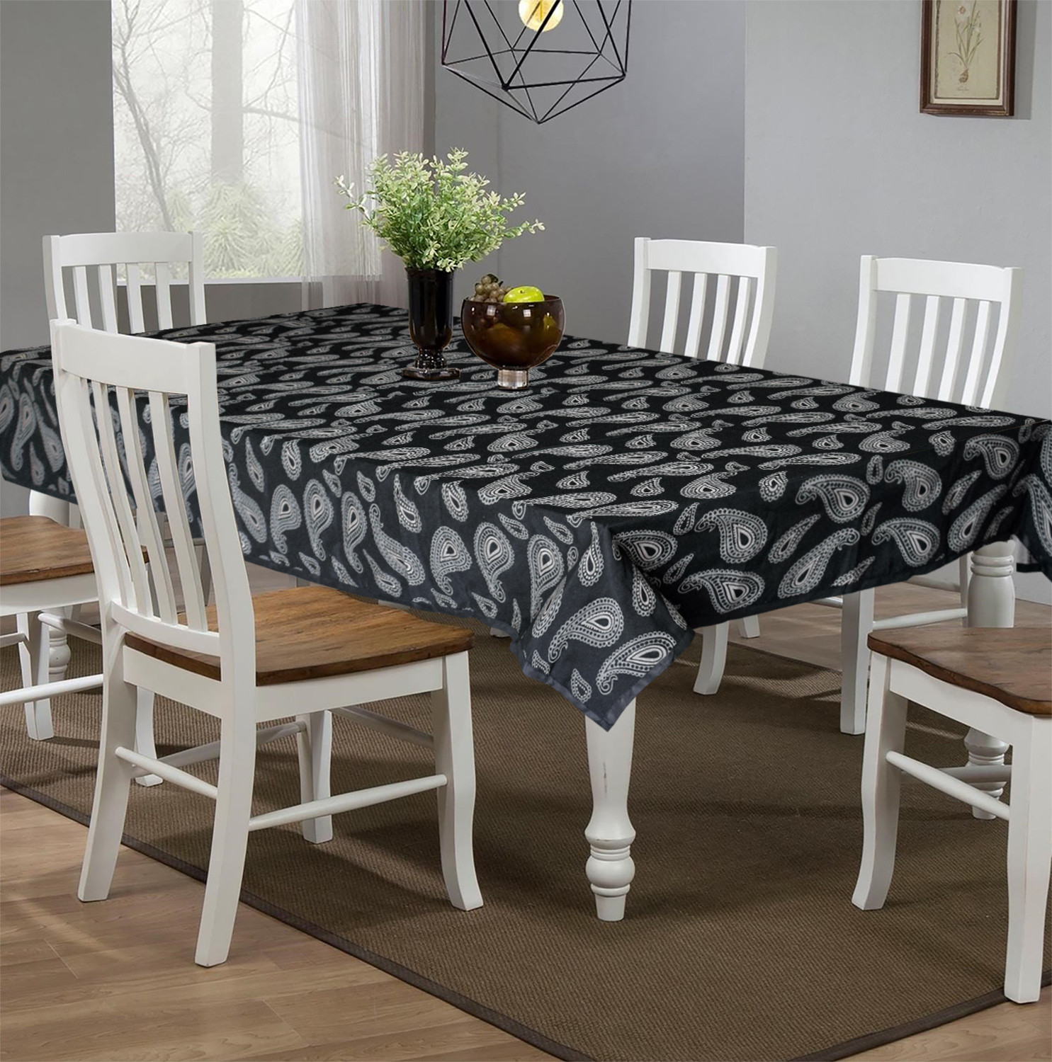 Kuber Industries Cotton Carry Print 6 Seater Dining Table Cover/Table Cloth For Home & Dining Table (Black) 54KM4373