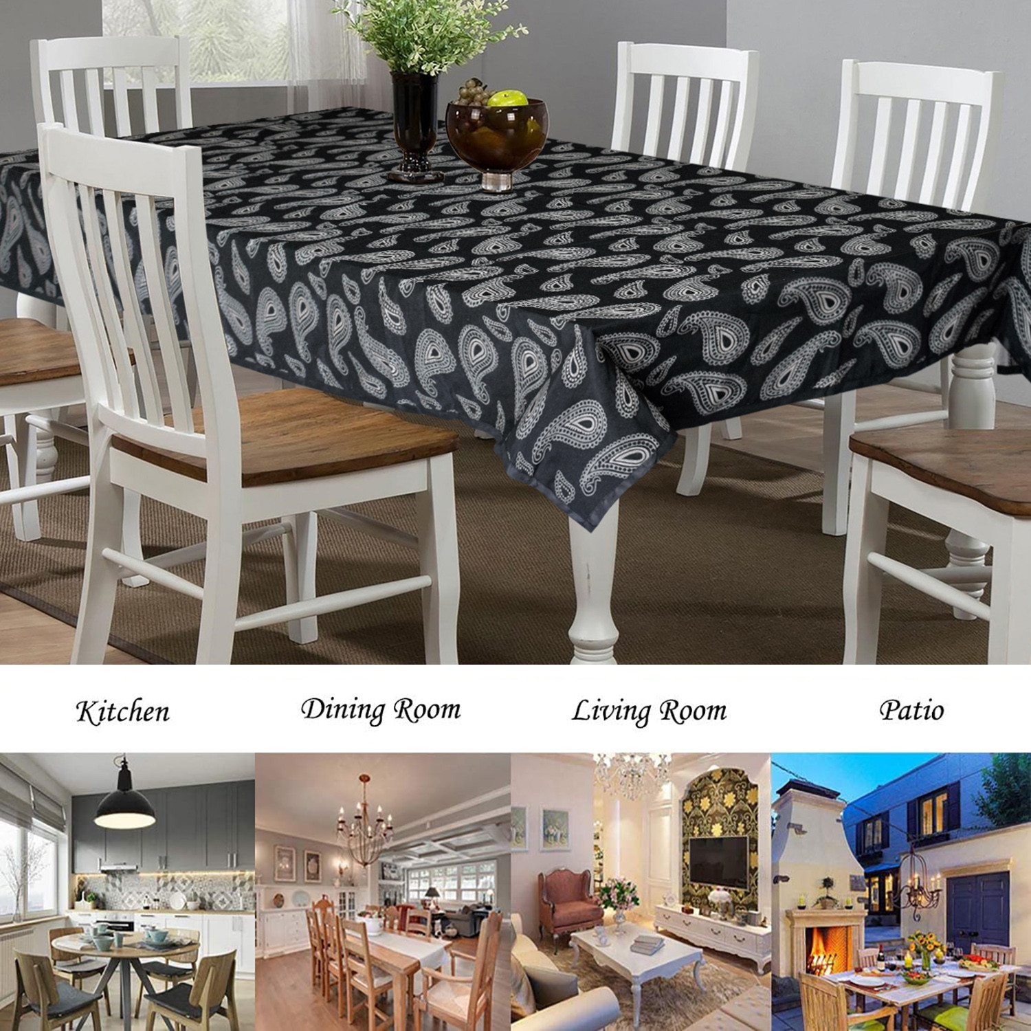 Kuber Industries Cotton Carry Print 6 Seater Dining Table Cover/Table Cloth For Home & Dining Table (Black) 54KM4373