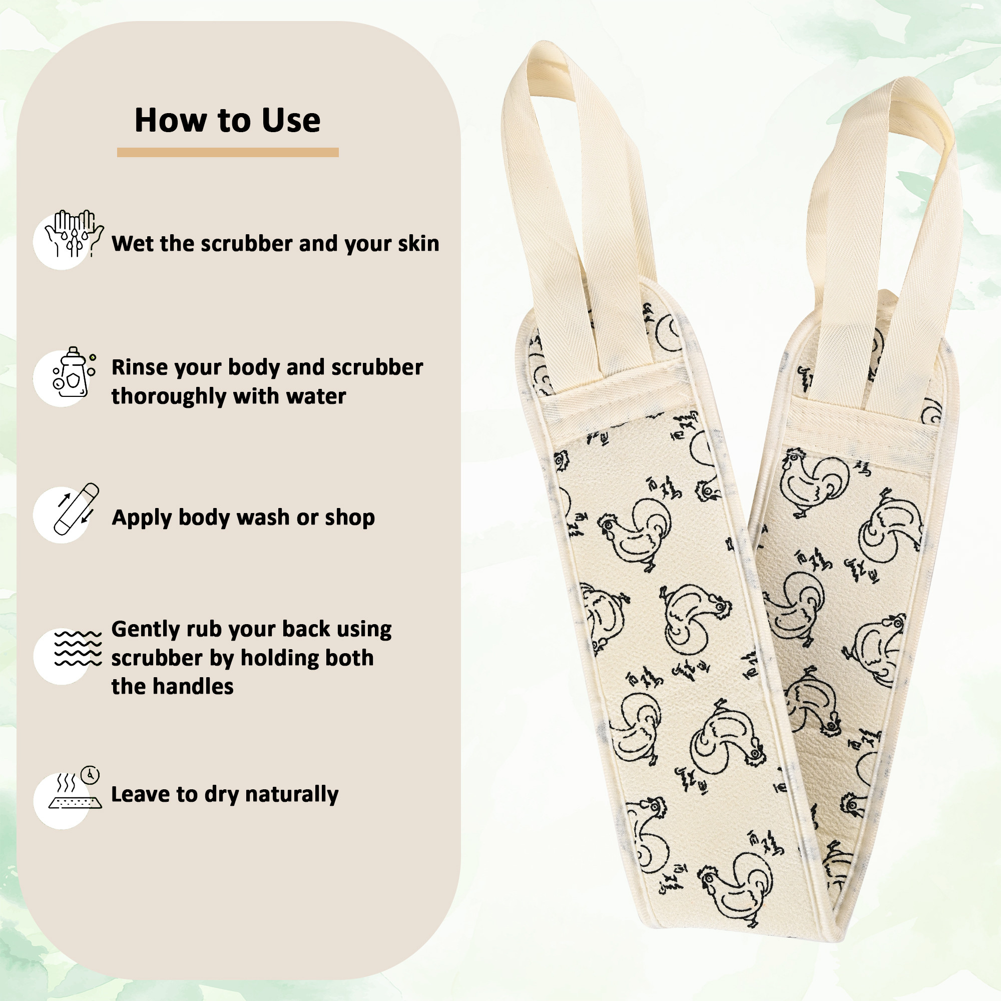 Kuber Industries Cotton Exfoliating Body Scrubber for Women with Easy Grip Handle  Gentle Back Scrubber for Bathing - Perfect for Daily Use  Spa-Like Relaxing Showers  Farm Print - Cream