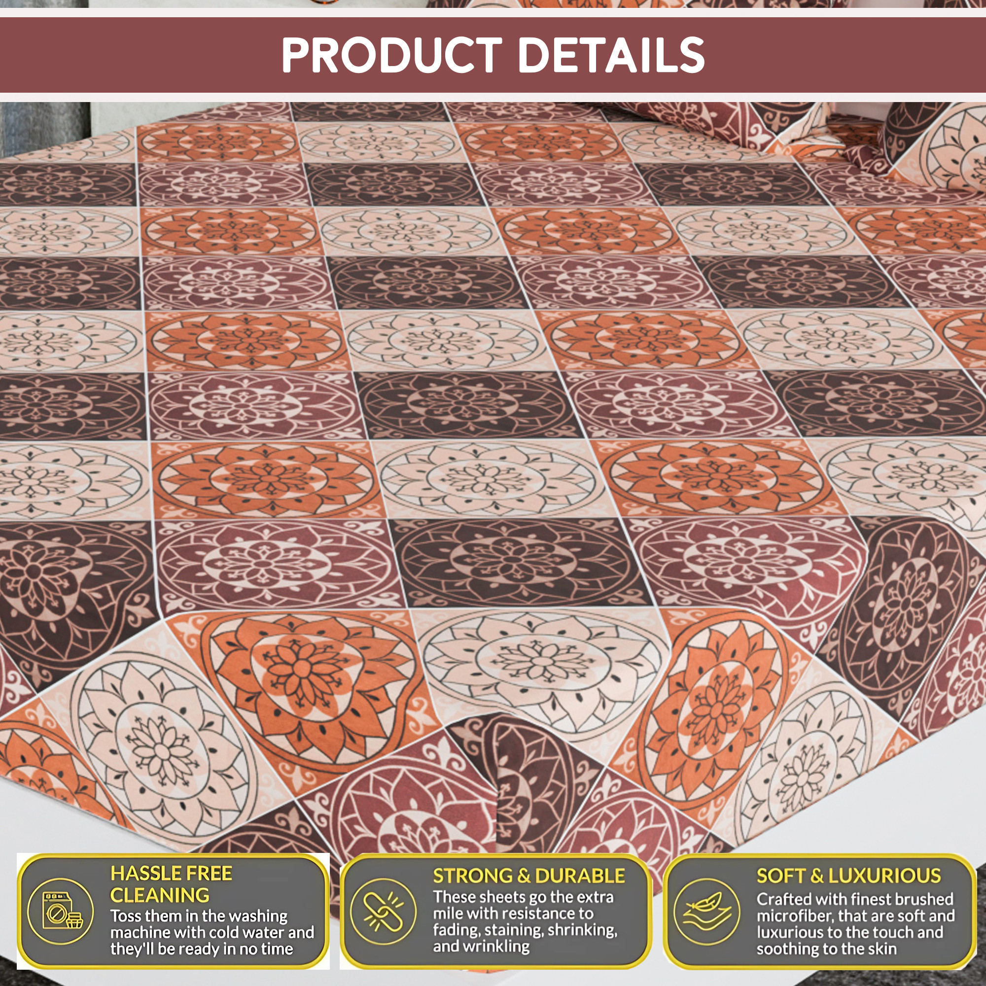 Kuber Industries Cotton Fitted Bedsheets For Double Bed With 2 Pillow Covers Included - 72x78 Inch Size  Rangoli Pattern Bedspread - Brown