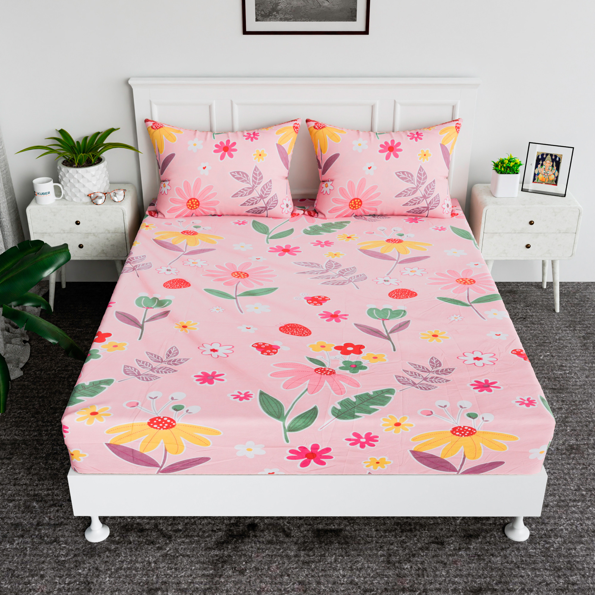 Kuber Industries Cotton Fitted Bedsheets For Double Bed With 2 Pillow Covers Included - Elastic Design Bedspread With 72x78 Inch Size - Pink