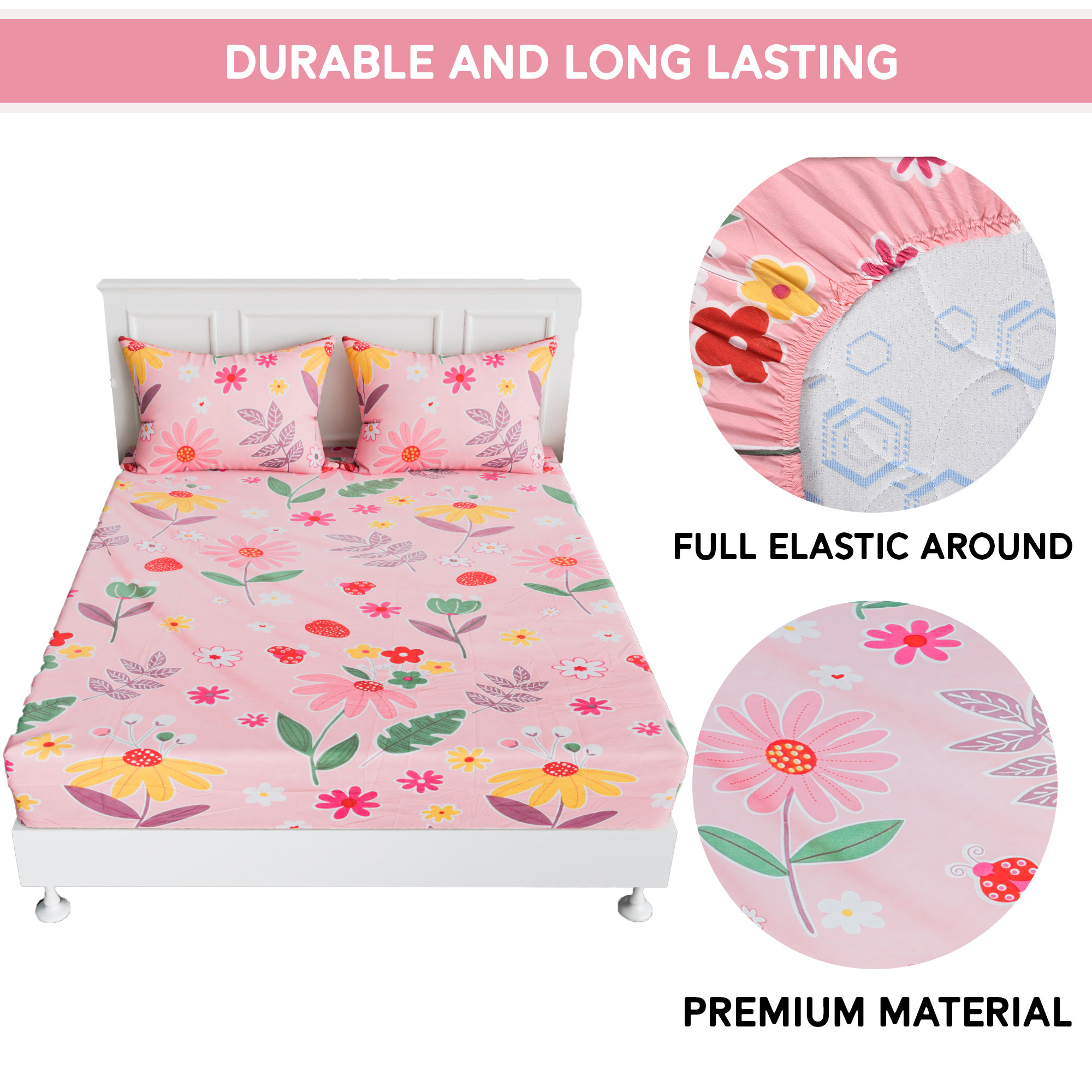 Kuber Industries Cotton Fitted Bedsheets For Double Bed With 2 Pillow Covers Included - Elastic Design Bedspread With 72x78 Inch Size - Pink