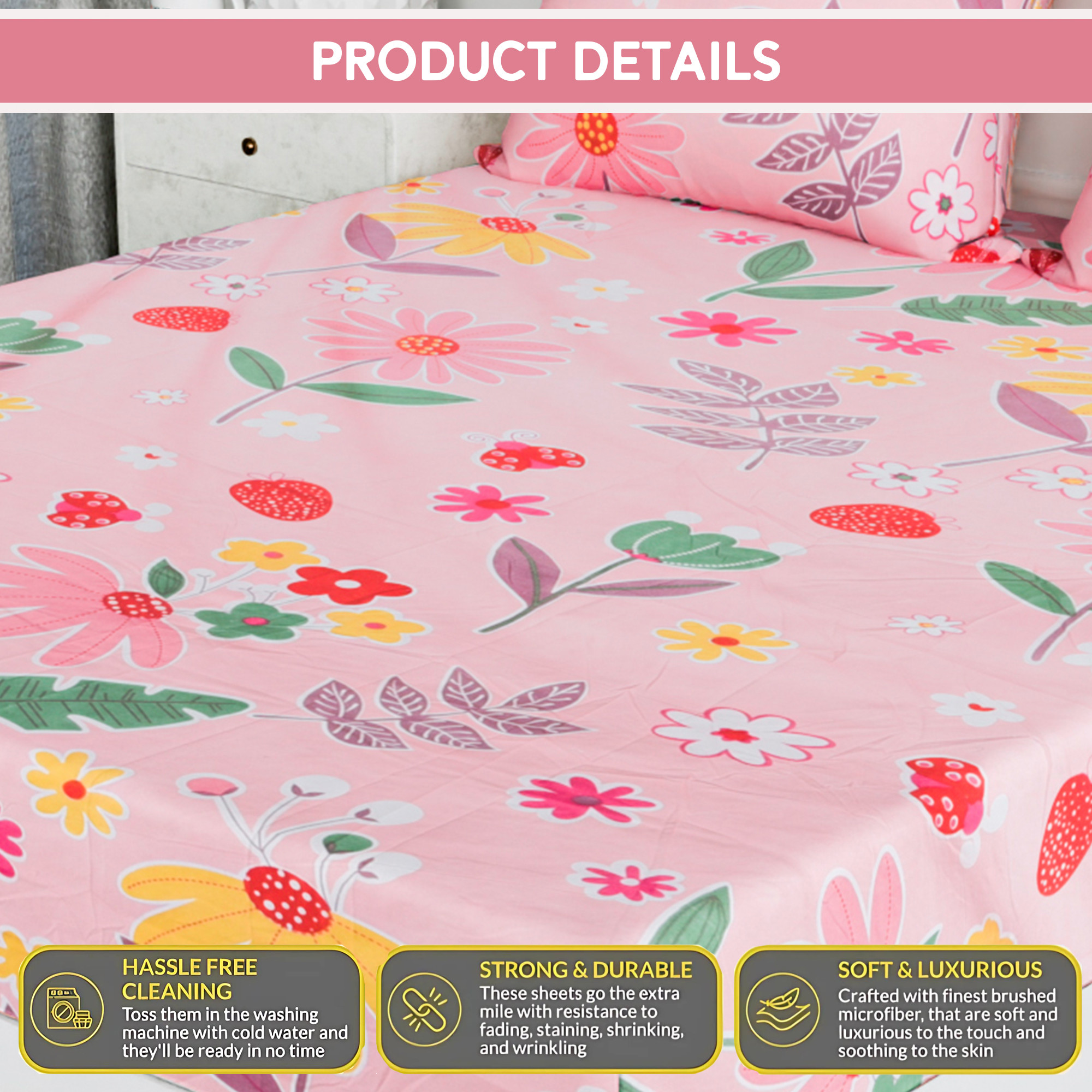 Kuber Industries Cotton Fitted Bedsheets For Double Bed With 2 Pillow Covers Included - Elastic Design Bedspread With 72x78 Inch Size - Pink