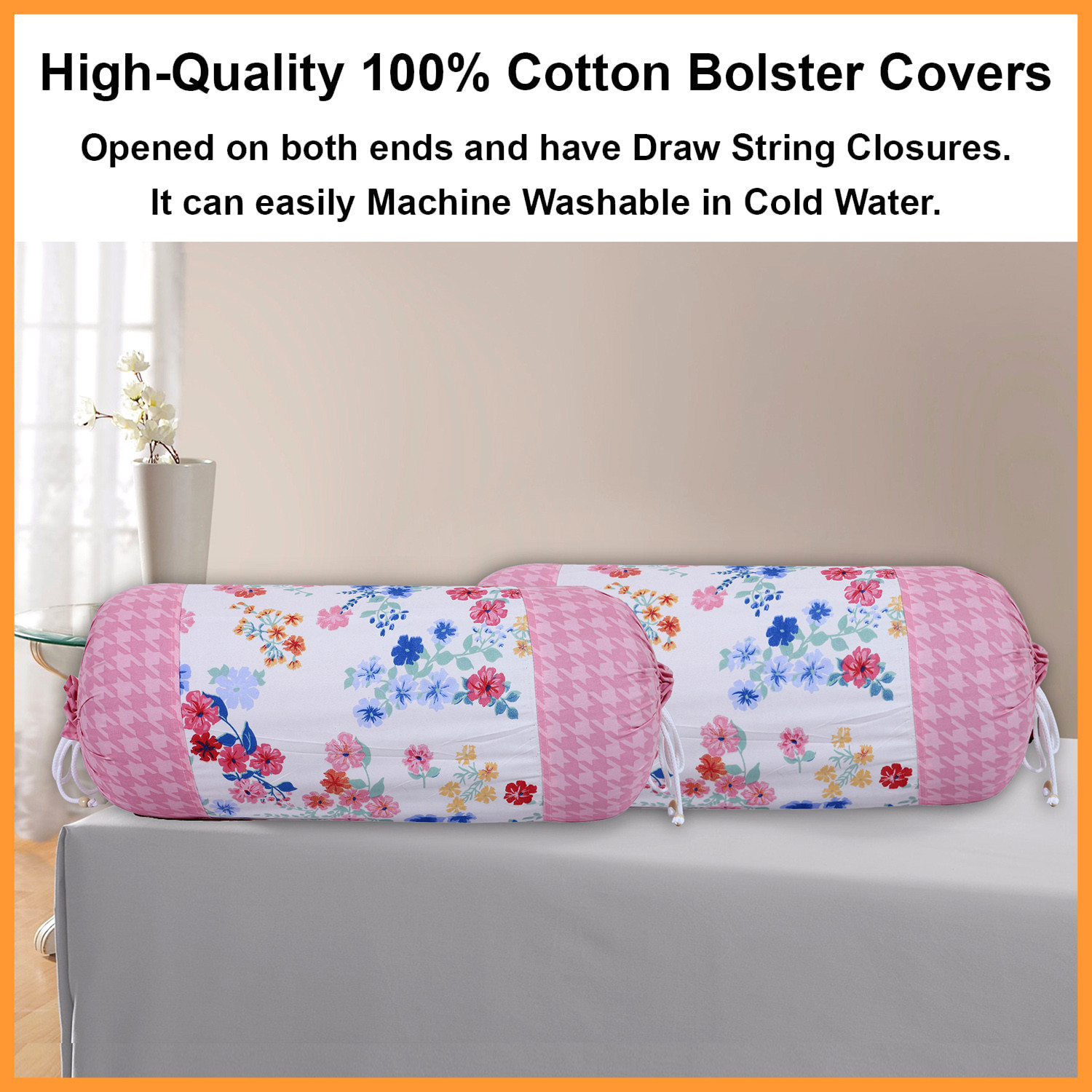 Kuber Industries Cotton Floral Print Attractive Bolster Cover With Drawstring for Home Décor,(White)