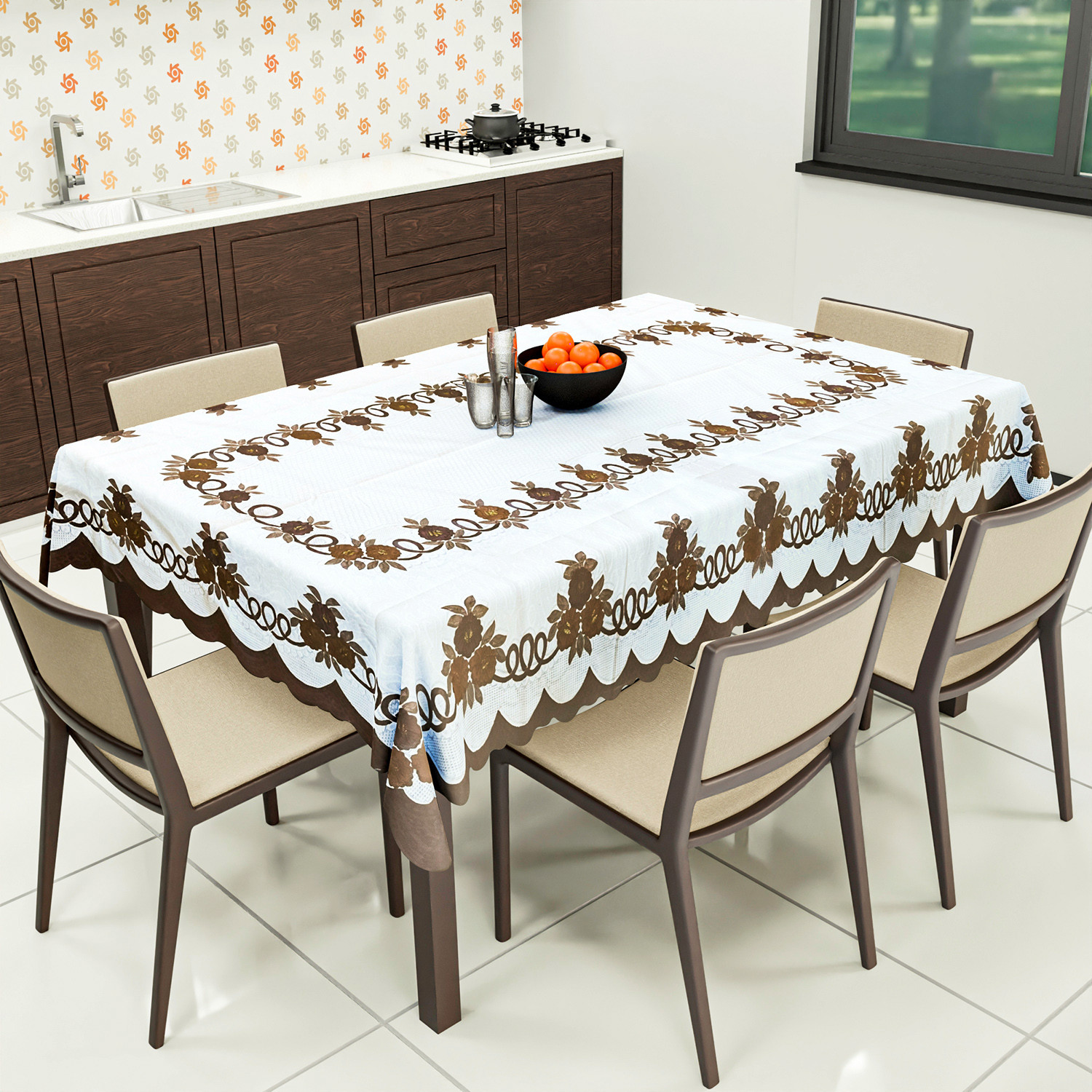 Kuber Industries Cotton Floral Print Waterproof Attractive Dining Table Cover|Tablecloth for Home Decorative, 60x90 Inch (Cream Brown)