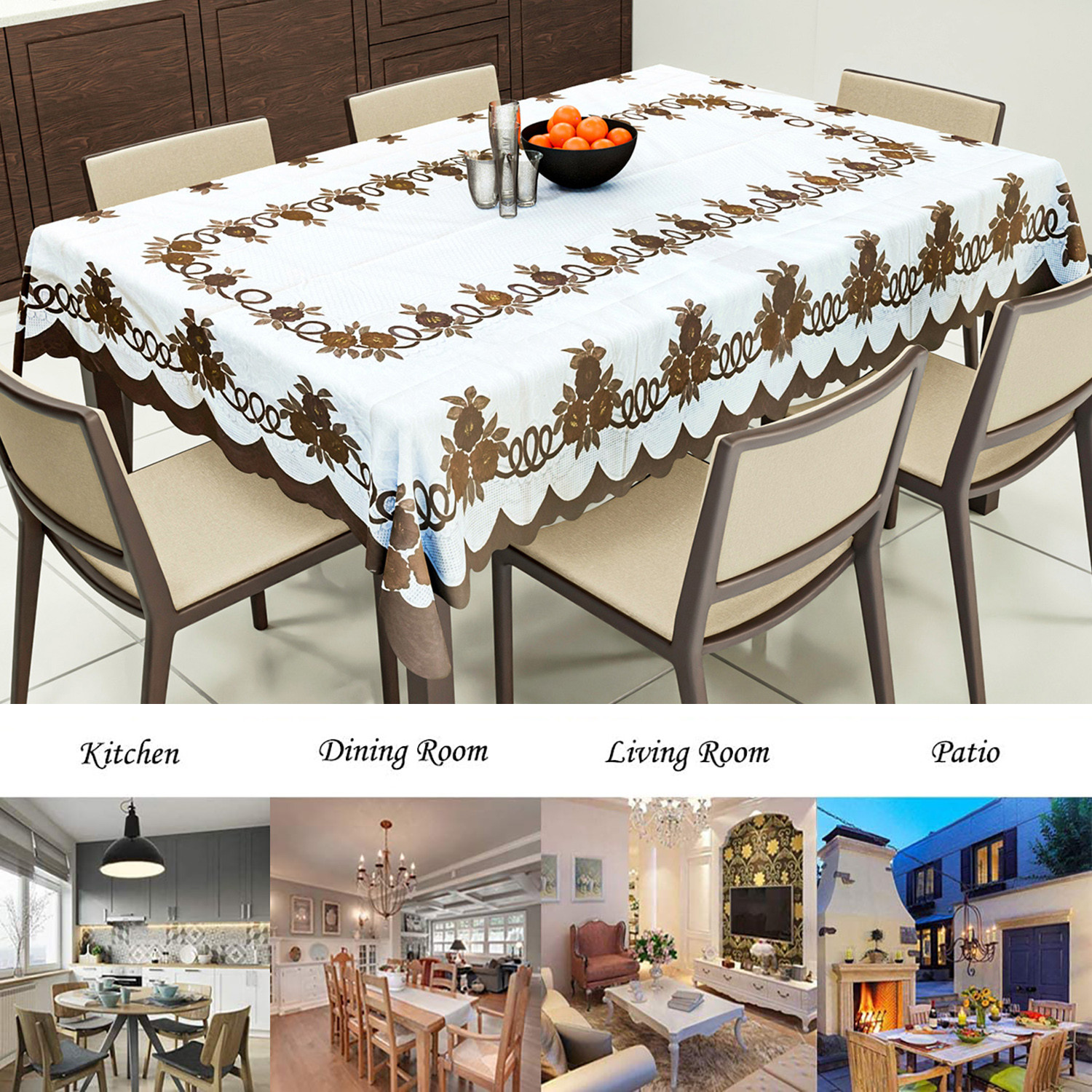 Kuber Industries Cotton Floral Print Waterproof Attractive Dining Table Cover|Tablecloth for Home Decorative, 60x90 Inch (Cream Brown)