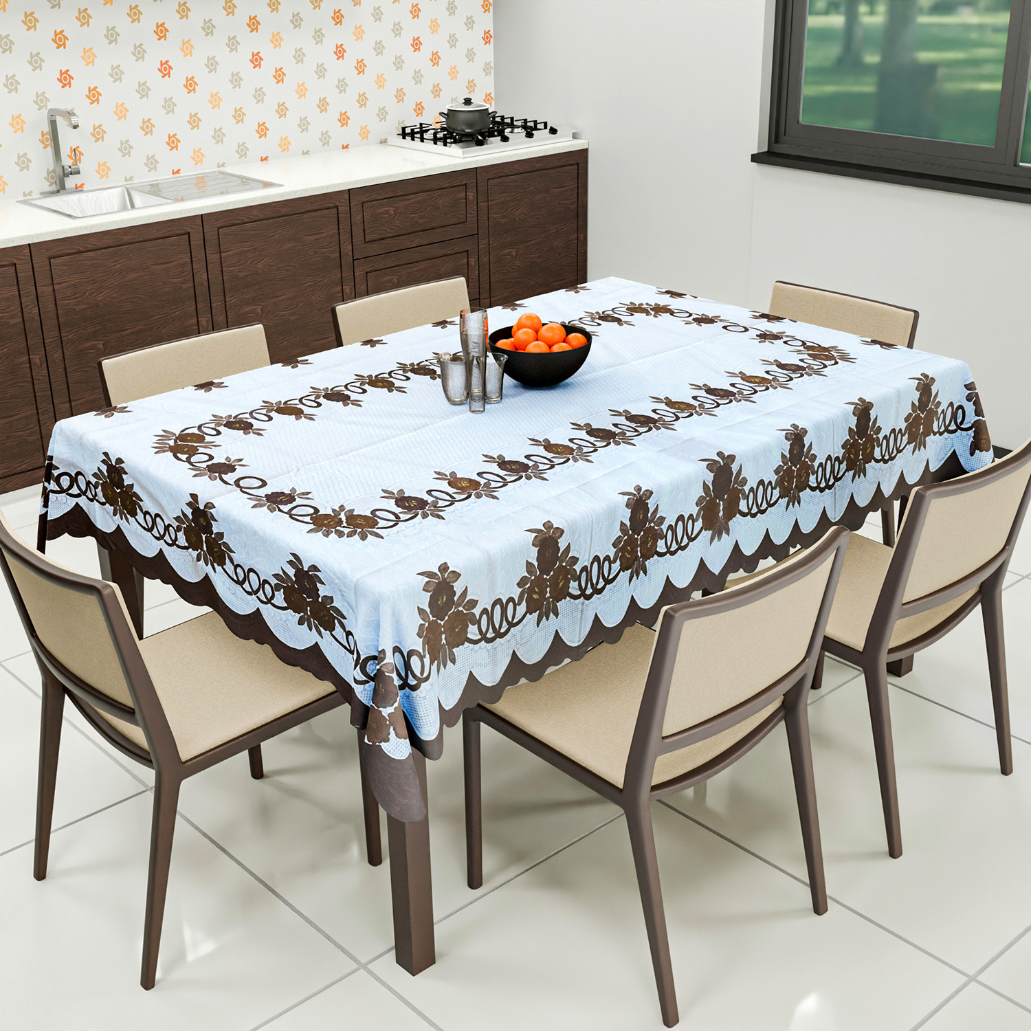 Kuber Industries Cotton Floral Print Waterproof Attractive Dining Table Cover|Tablecloth for Home Decorative, 60x90 Inch (White Brown)