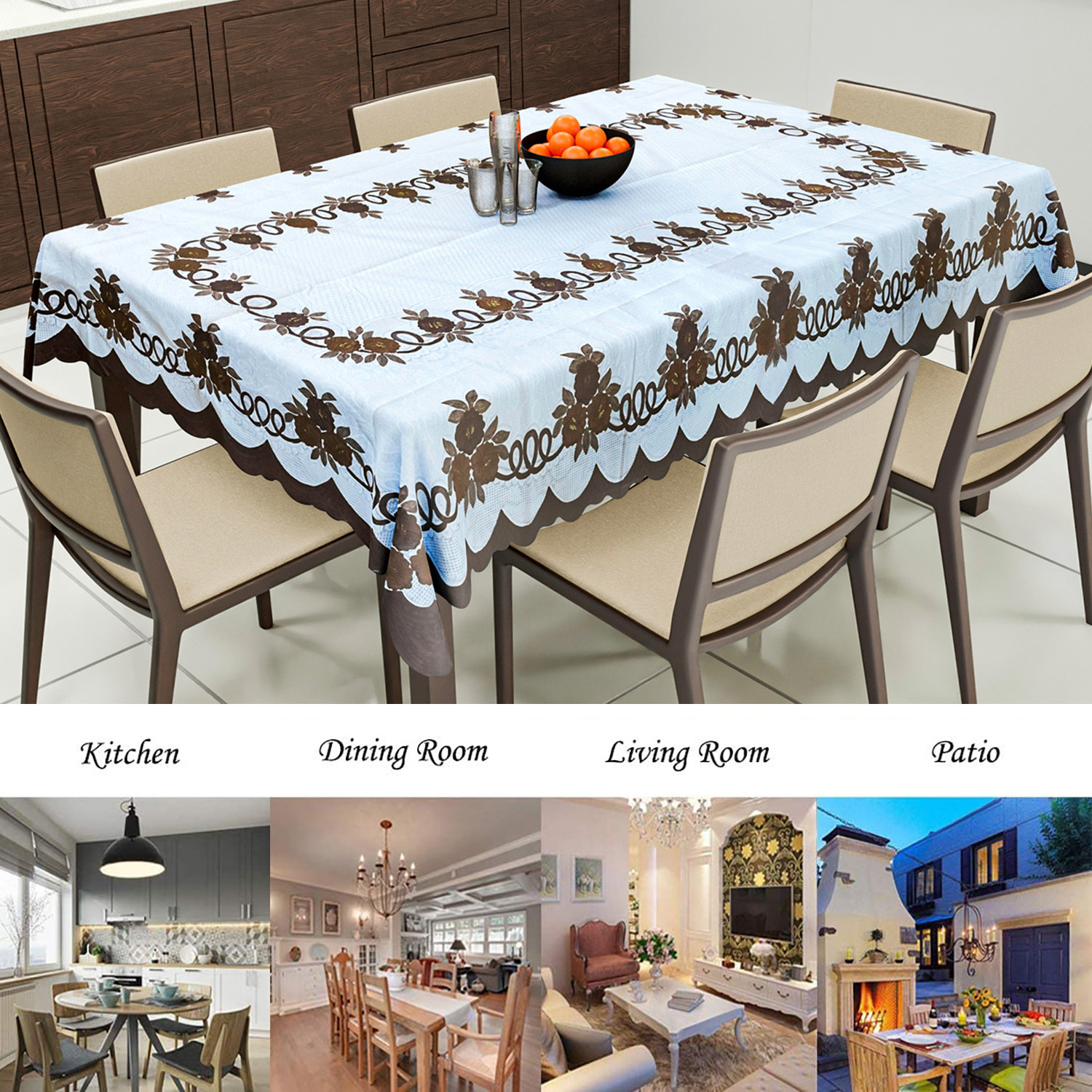 Kuber Industries Cotton Floral Print Waterproof Attractive Dining Table Cover|Tablecloth for Home Decorative, 60x90 Inch (White Brown)