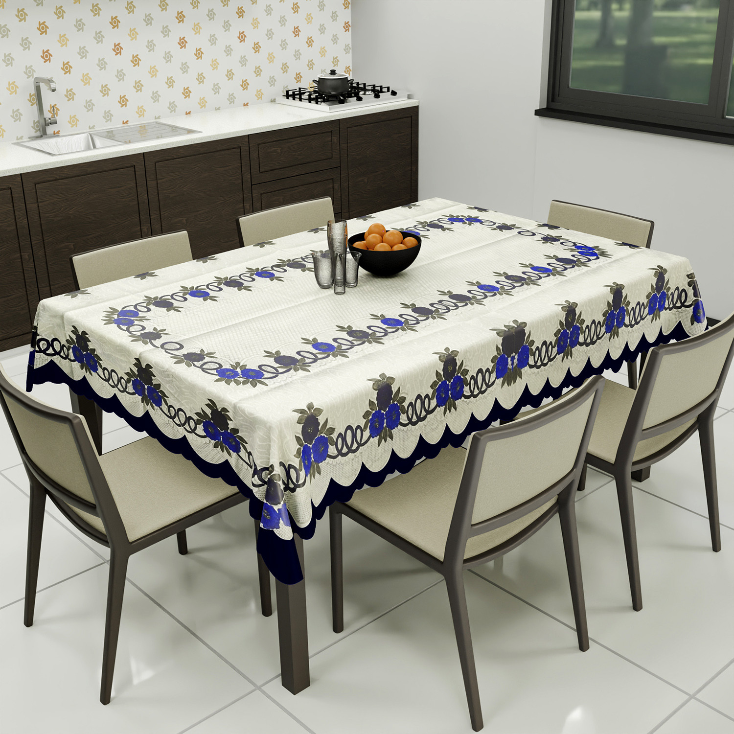 Kuber Industries Cotton Floral Print Waterproof Attractive Dining Table Cover|Tablecloth for Home Decorative, 60x90 Inch (Cream Blue)