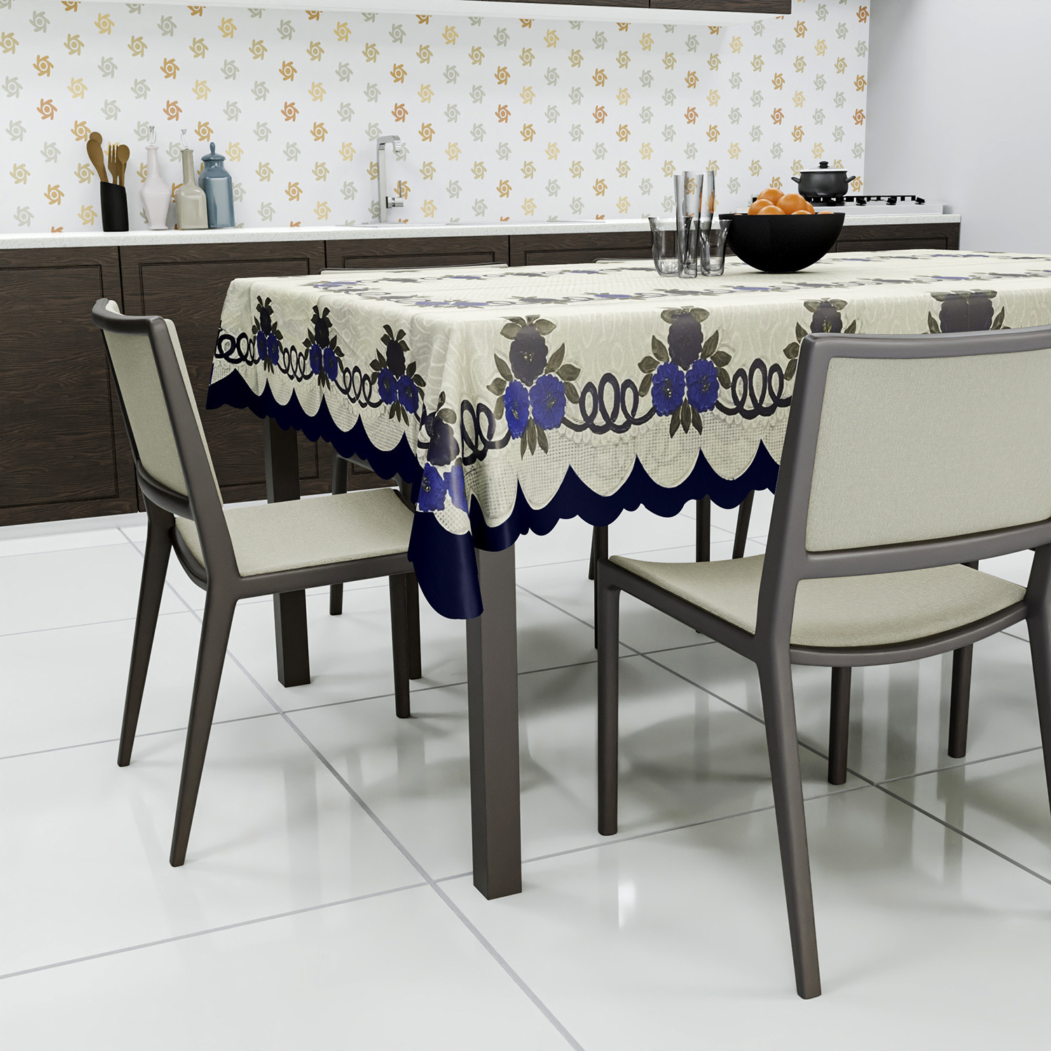 Kuber Industries Cotton Floral Print Waterproof Attractive Dining Table Cover|Tablecloth for Home Decorative, 60x90 Inch (Cream Blue)