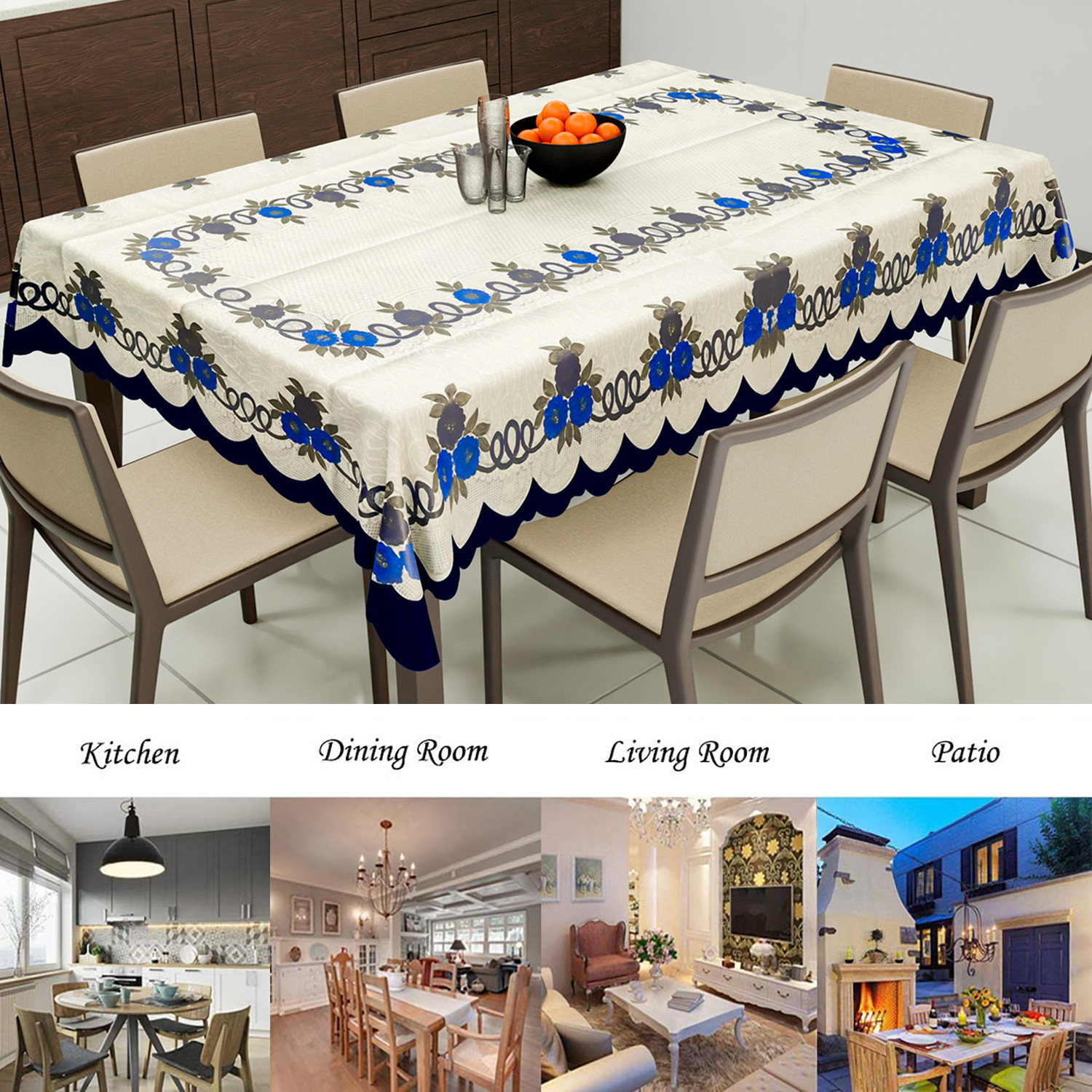 Kuber Industries Cotton Floral Print Waterproof Attractive Dining Table Cover|Tablecloth for Home Decorative, 60x90 Inch (Cream Blue)