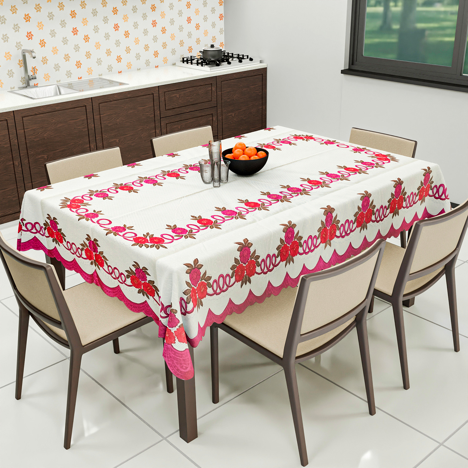 Kuber Industries Cotton Floral Print Waterproof Attractive Dining Table Cover|Tablecloth for Home Decorative, 60x90 Inch (Cream Pink)