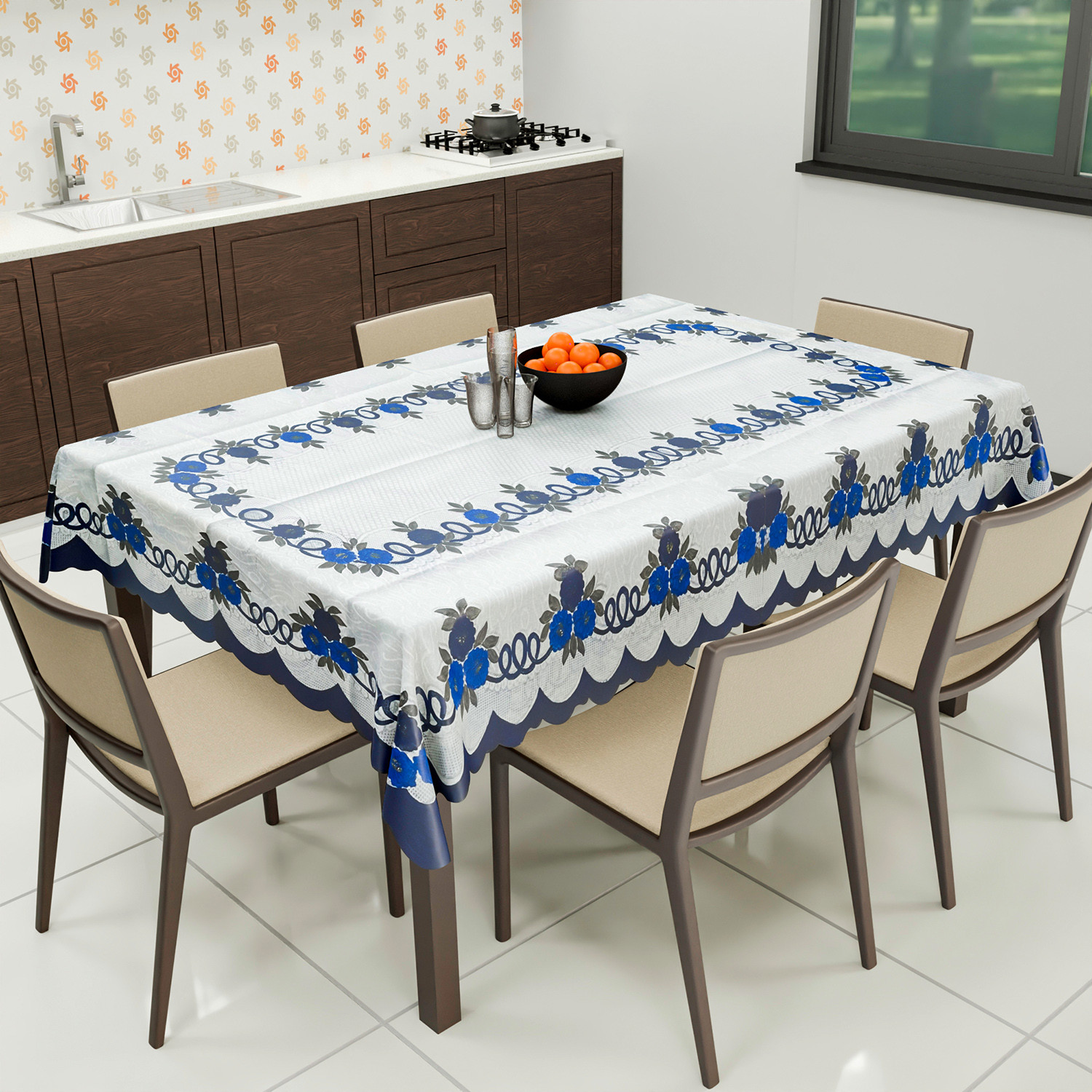 Kuber Industries Cotton Floral Print Waterproof Attractive Dining Table Cover|Tablecloth for Home Decorative, 60x90 Inch (White Blue)