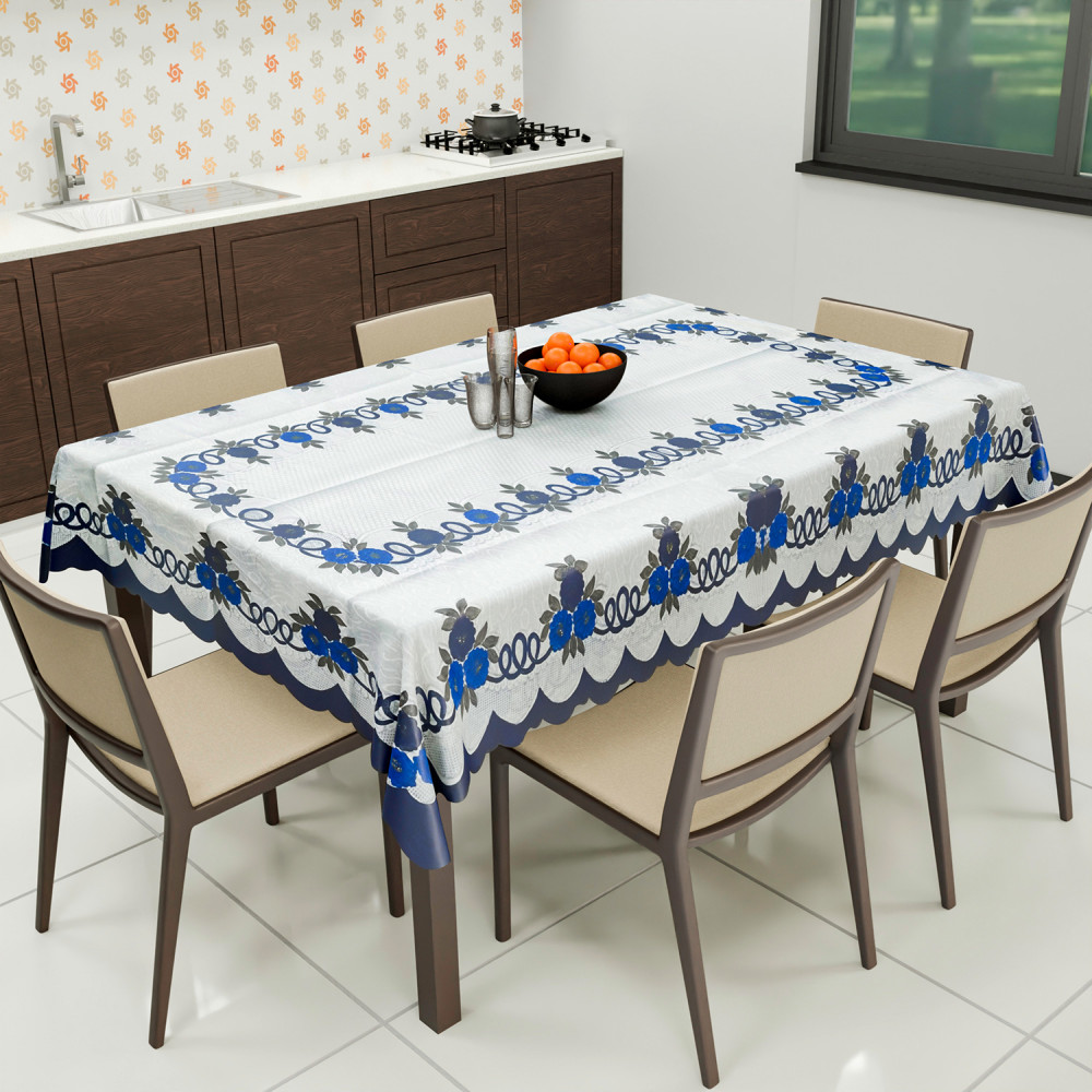Kuber Industries Cotton Floral Print Waterproof Attractive Dining Table Cover|Tablecloth for Home Decorative, 60x90 Inch (White Blue)