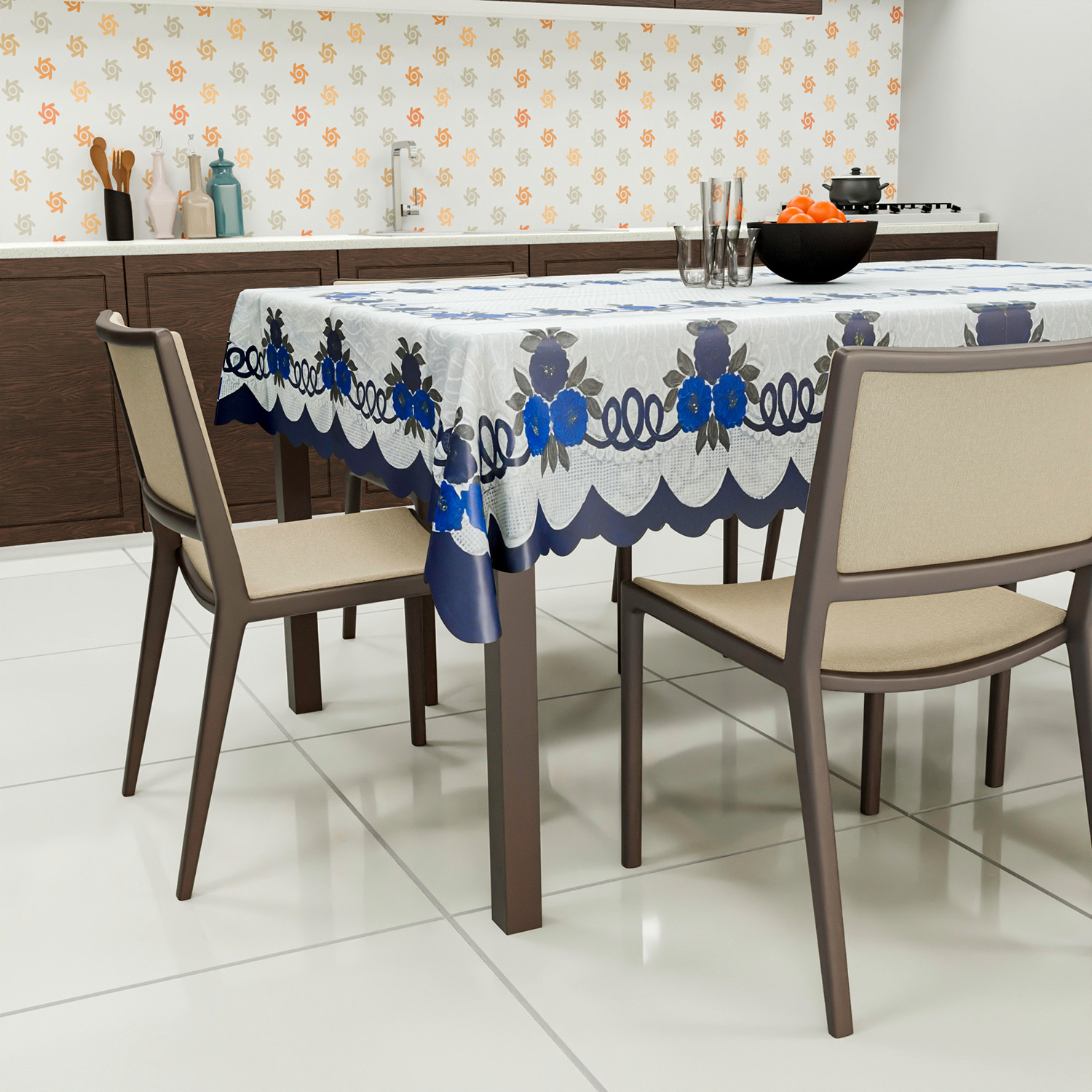 Kuber Industries Cotton Floral Print Waterproof Attractive Dining Table Cover|Tablecloth for Home Decorative, 60x90 Inch (White Blue)