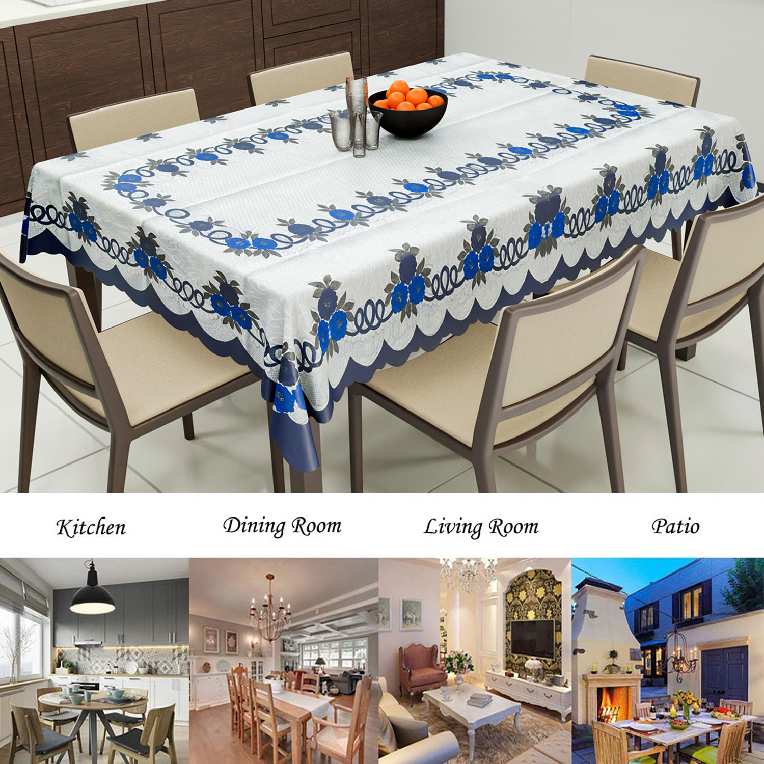 Kuber Industries Cotton Floral Print Waterproof Attractive Dining Table Cover|Tablecloth for Home Decorative, 60x90 Inch (White Blue)