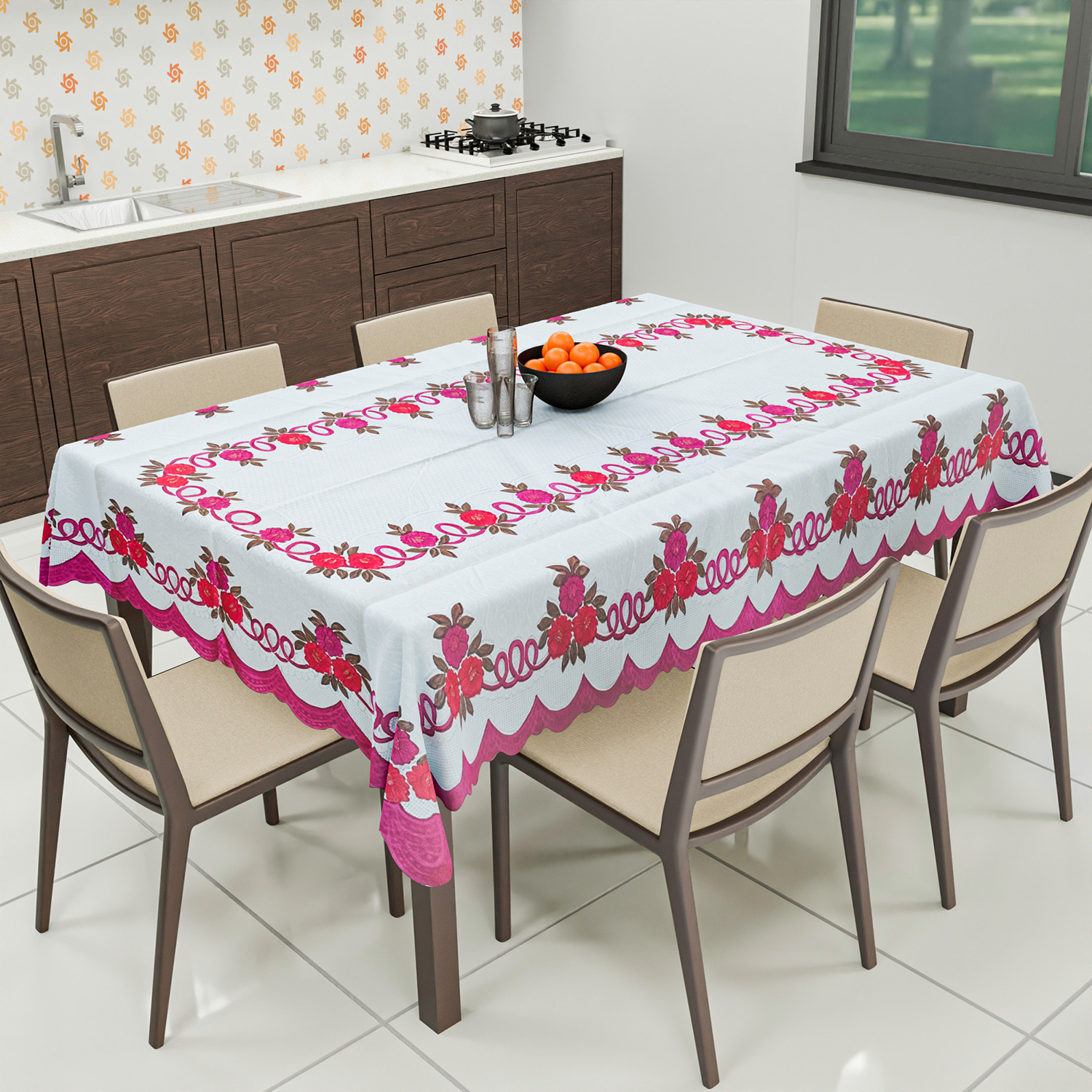 Kuber Industries Cotton Floral Print Waterproof Attractive Dining Table Cover|Tablecloth for Home Decorative, 60x90 Inch (White Pink)