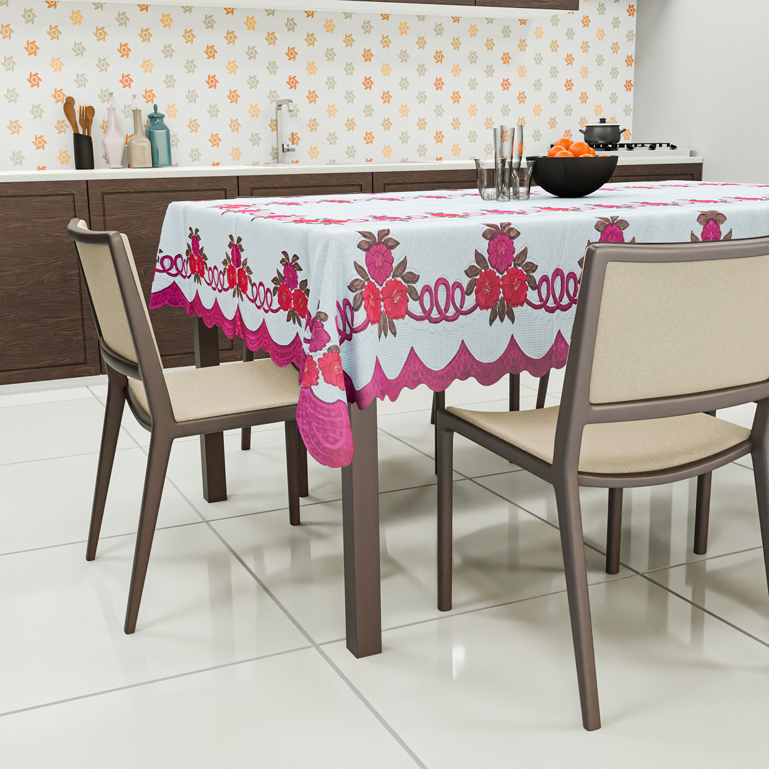 Kuber Industries Cotton Floral Print Waterproof Attractive Dining Table Cover|Tablecloth for Home Decorative, 60x90 Inch (White Pink)