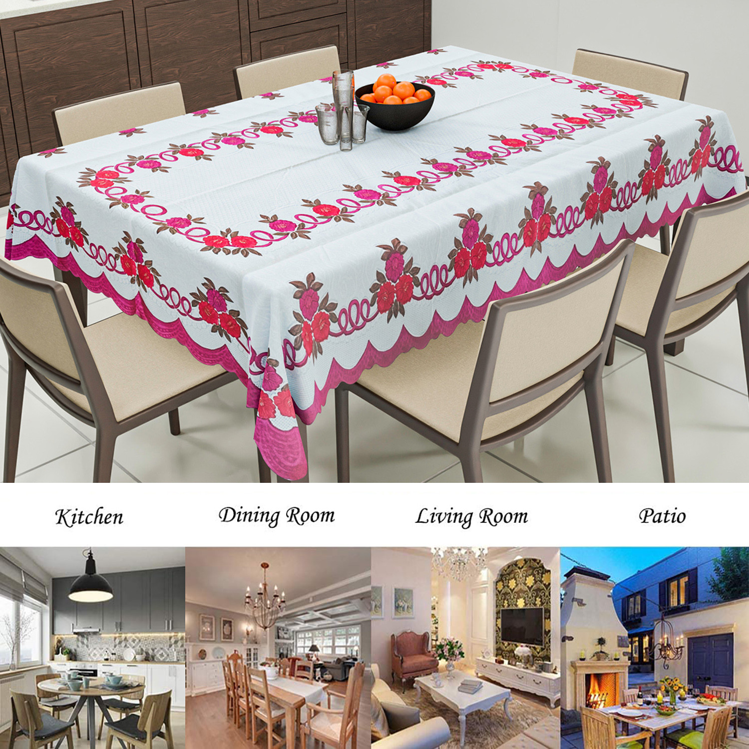 Kuber Industries Cotton Floral Print Waterproof Attractive Dining Table Cover|Tablecloth for Home Decorative, 60x90 Inch (White Pink)