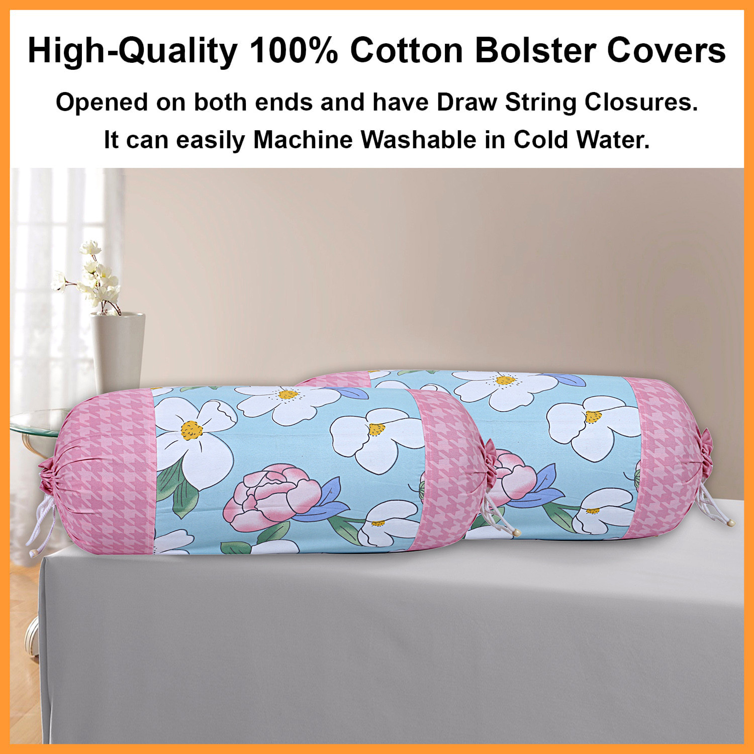 Kuber Industries Cotton Flower Print Attractive Bolster Cover With Drawstring for Home Décor,(Pink)
