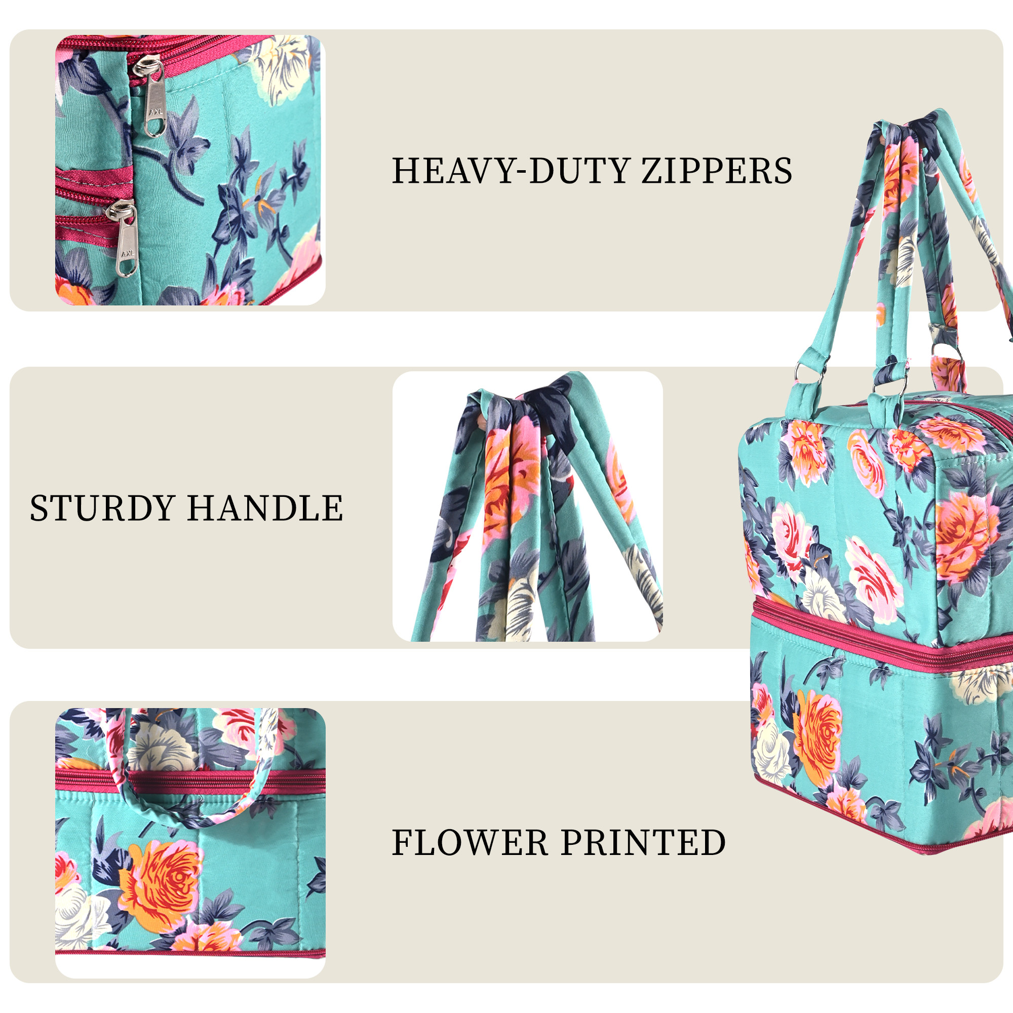 Kuber Industries Cotton Handbag for Woman  Girls with 2 Compartments  Stylish Ladies Purse  Hand Purse for Party Wedding  Events  Flower Print - Green