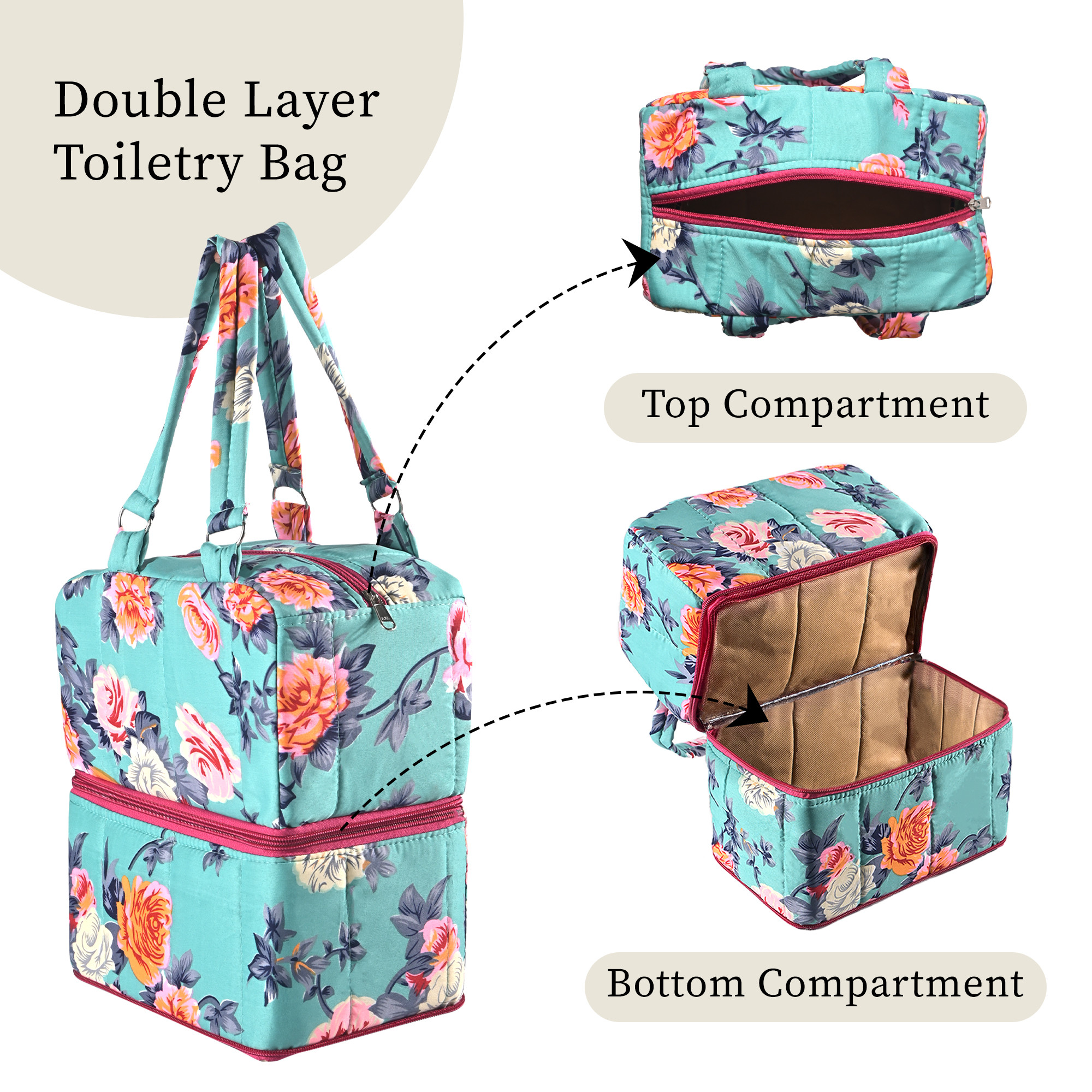 Kuber Industries Cotton Handbag for Woman  Girls with 2 Compartments  Stylish Ladies Purse  Hand Purse for Party Wedding  Events  Flower Print - Green