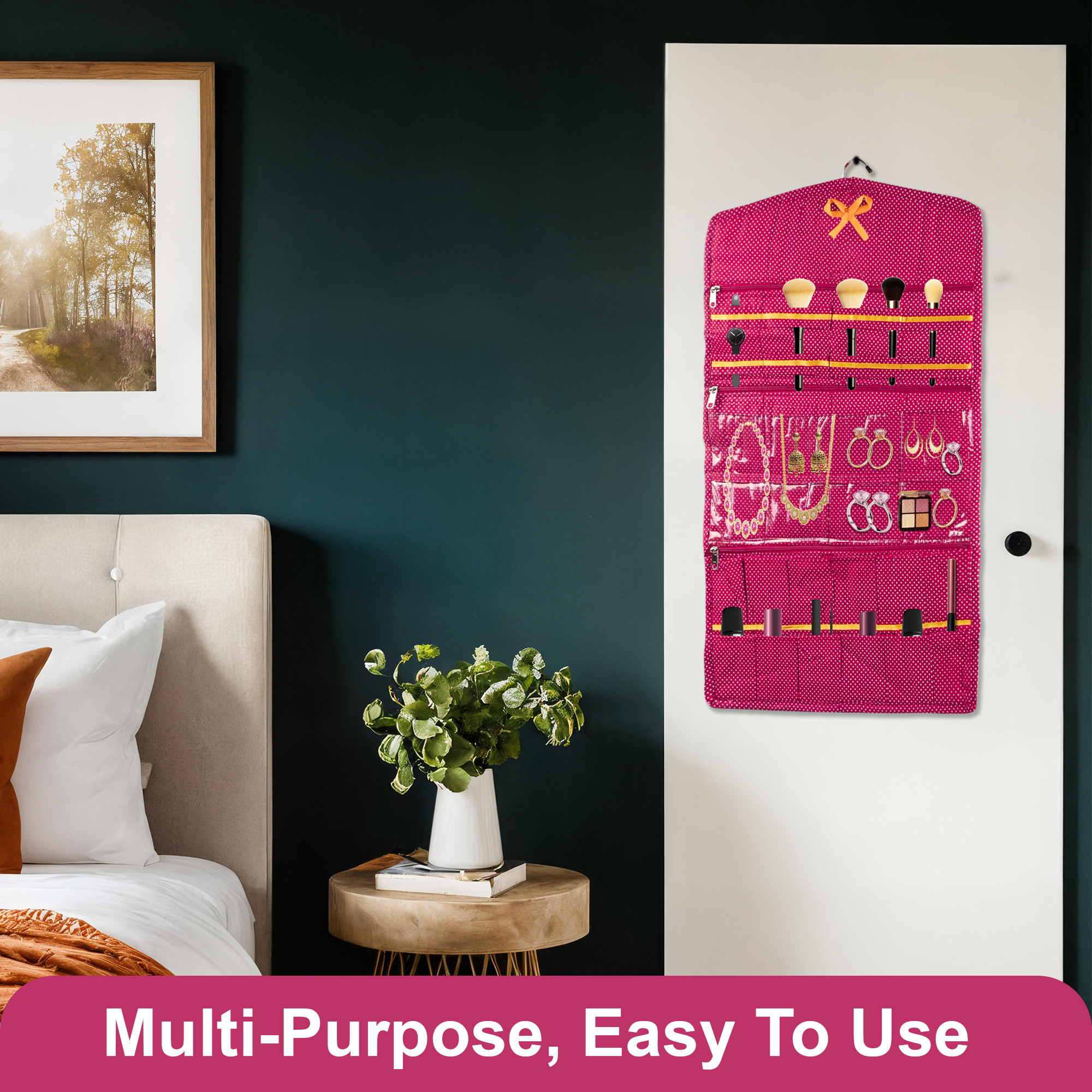 Kuber Industries Cotton Hanging Jewellery Organizer with Zip  Multipurpose Jewellery Storage Bag for Holding Necklaces Bracelets Rings  Earrings  Dot Print - Pink