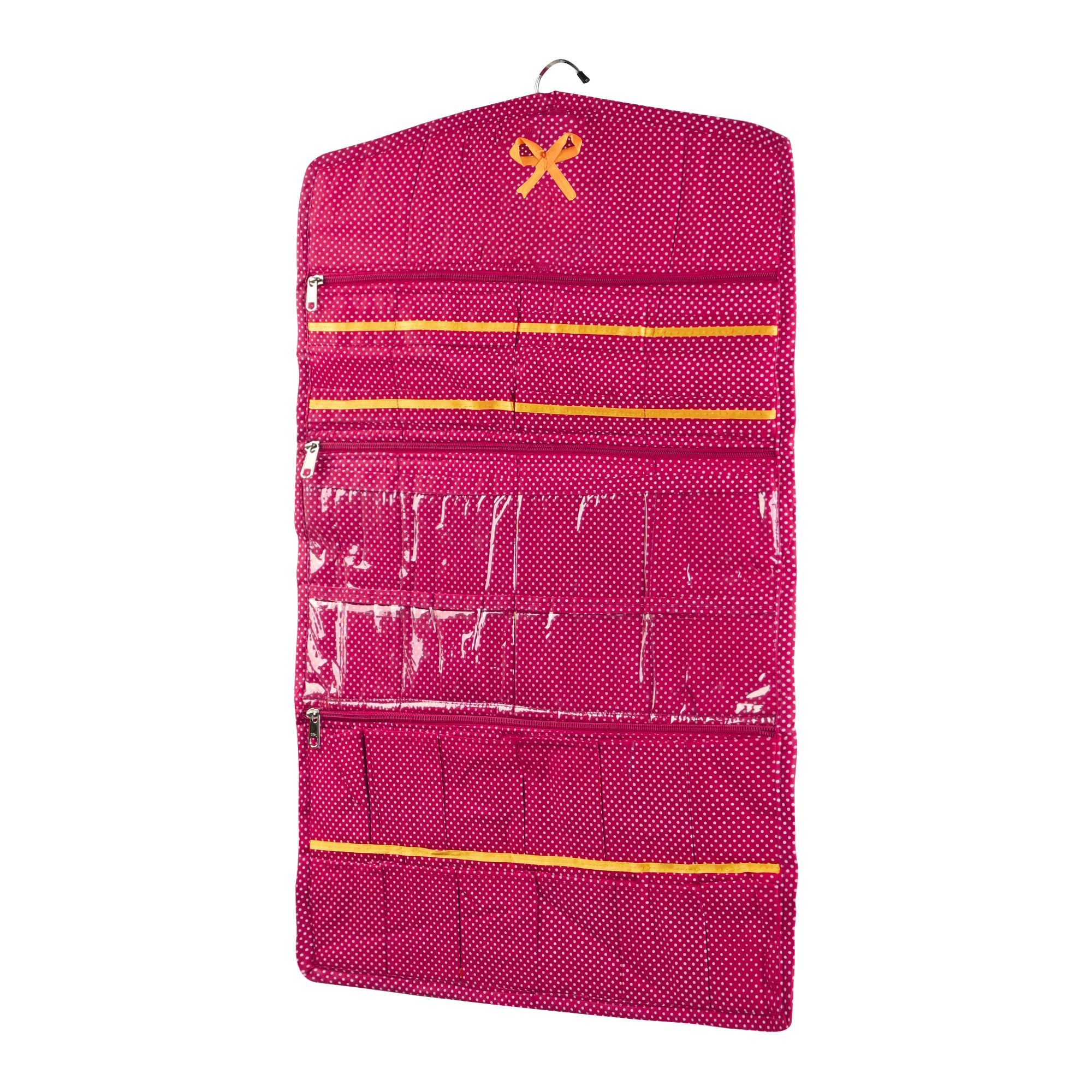 Kuber Industries Cotton Hanging Jewellery Organizer with Zip  Multipurpose Jewellery Storage Bag for Holding Necklaces Bracelets Rings  Earrings  Dot Print - Pink