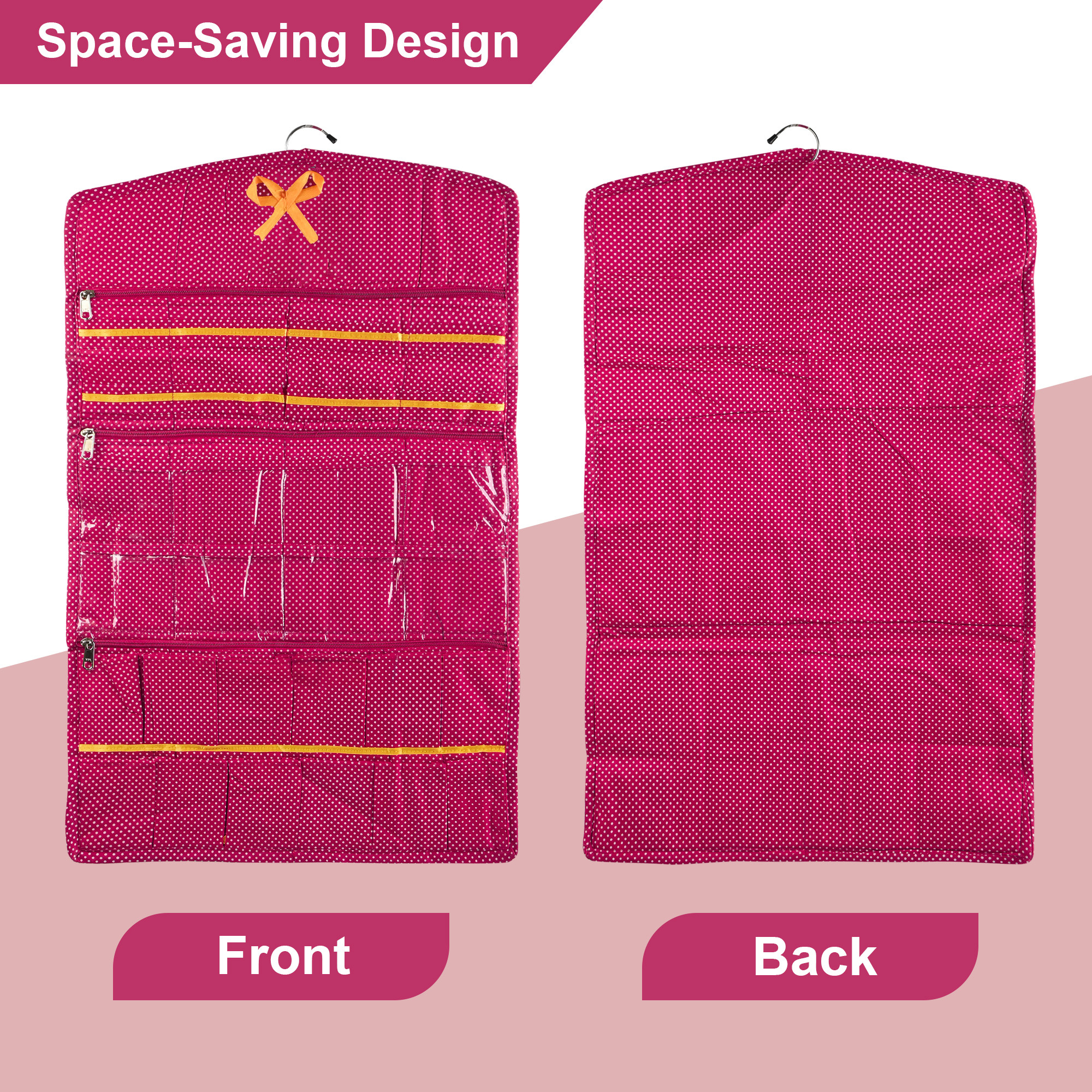 Kuber Industries Cotton Hanging Jewellery Organizer with Zip  Multipurpose Jewellery Storage Bag for Holding Necklaces Bracelets Rings  Earrings  Dot Print - Pink