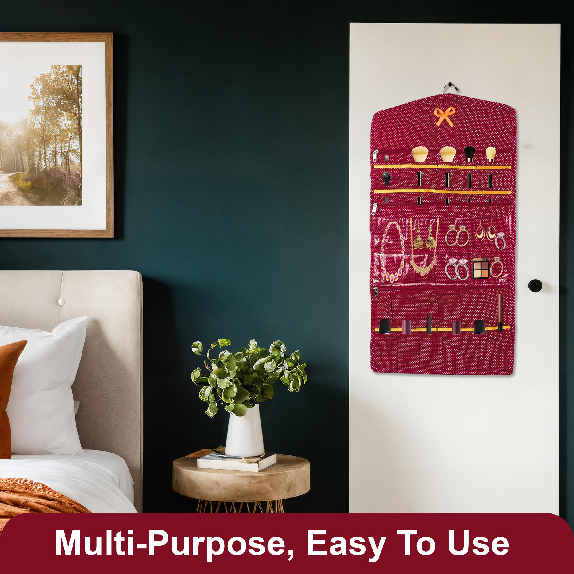 Kuber Industries Cotton Hanging Jewellery Organizer with Zip  Multipurpose Jewellery Storage Bag for Holding Necklaces Bracelets Rings  Earrings  Dot Print - Maroon