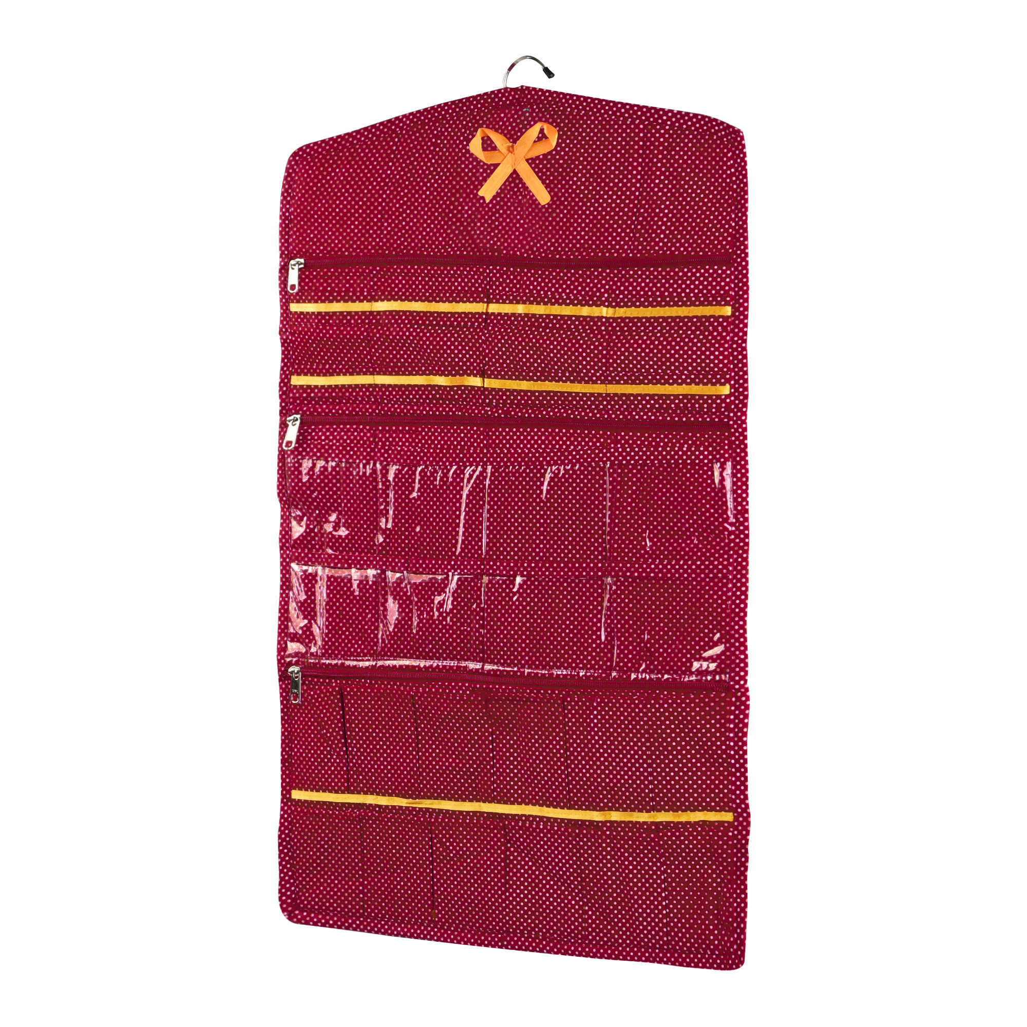 Kuber Industries Cotton Hanging Jewellery Organizer with Zip  Multipurpose Jewellery Storage Bag for Holding Necklaces Bracelets Rings  Earrings  Dot Print - Maroon