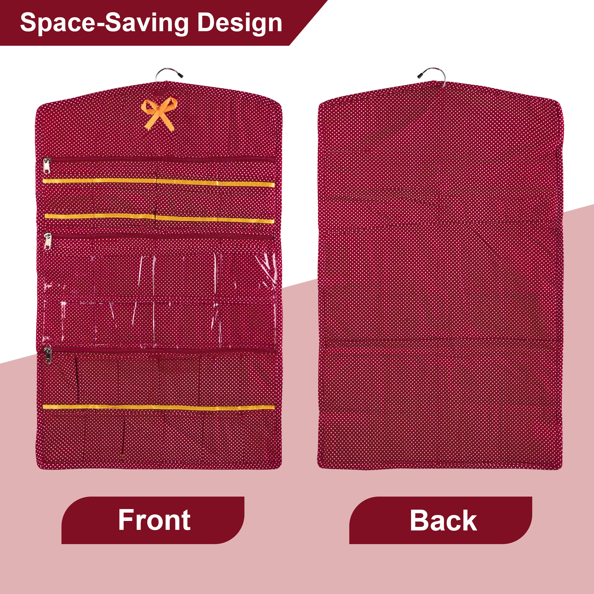 Kuber Industries Cotton Hanging Jewellery Organizer with Zip  Multipurpose Jewellery Storage Bag for Holding Necklaces Bracelets Rings  Earrings  Dot Print - Maroon