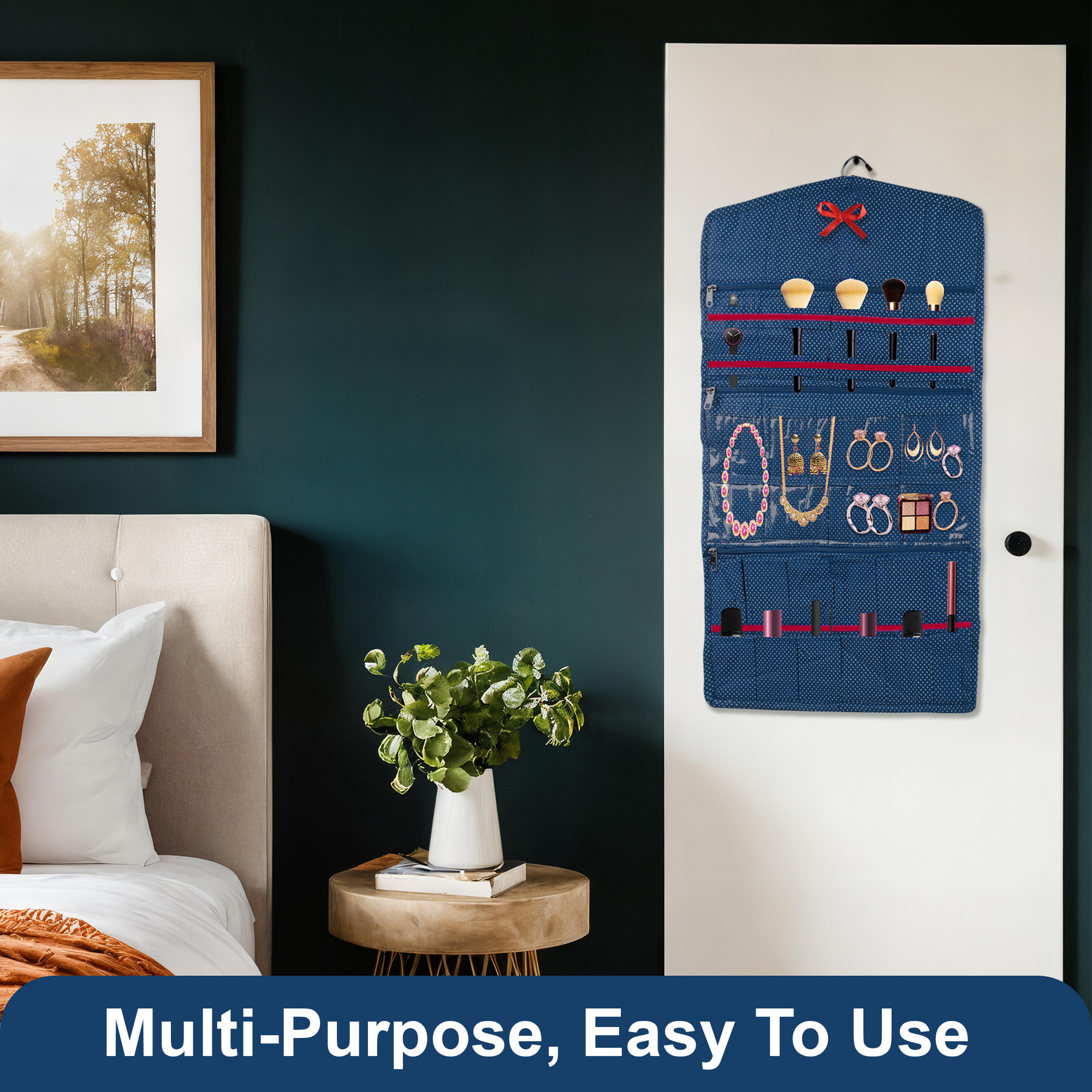 Kuber Industries Cotton Hanging Jewellery Organizer with Zip  Multipurpose Jewellery Storage Bag for Holding Necklaces Bracelets Rings  Earrings  Dot Print - Blue