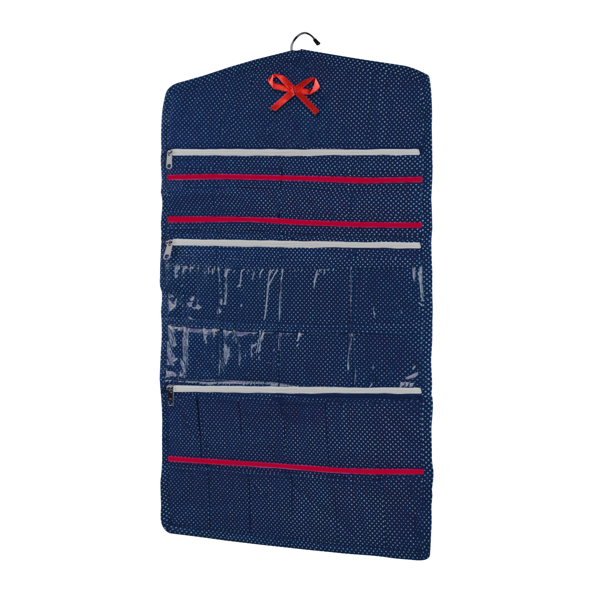 Kuber Industries Cotton Hanging Jewellery Organizer with Zip  Multipurpose Jewellery Storage Bag for Holding Necklaces Bracelets Rings  Earrings  Dot Print - Blue