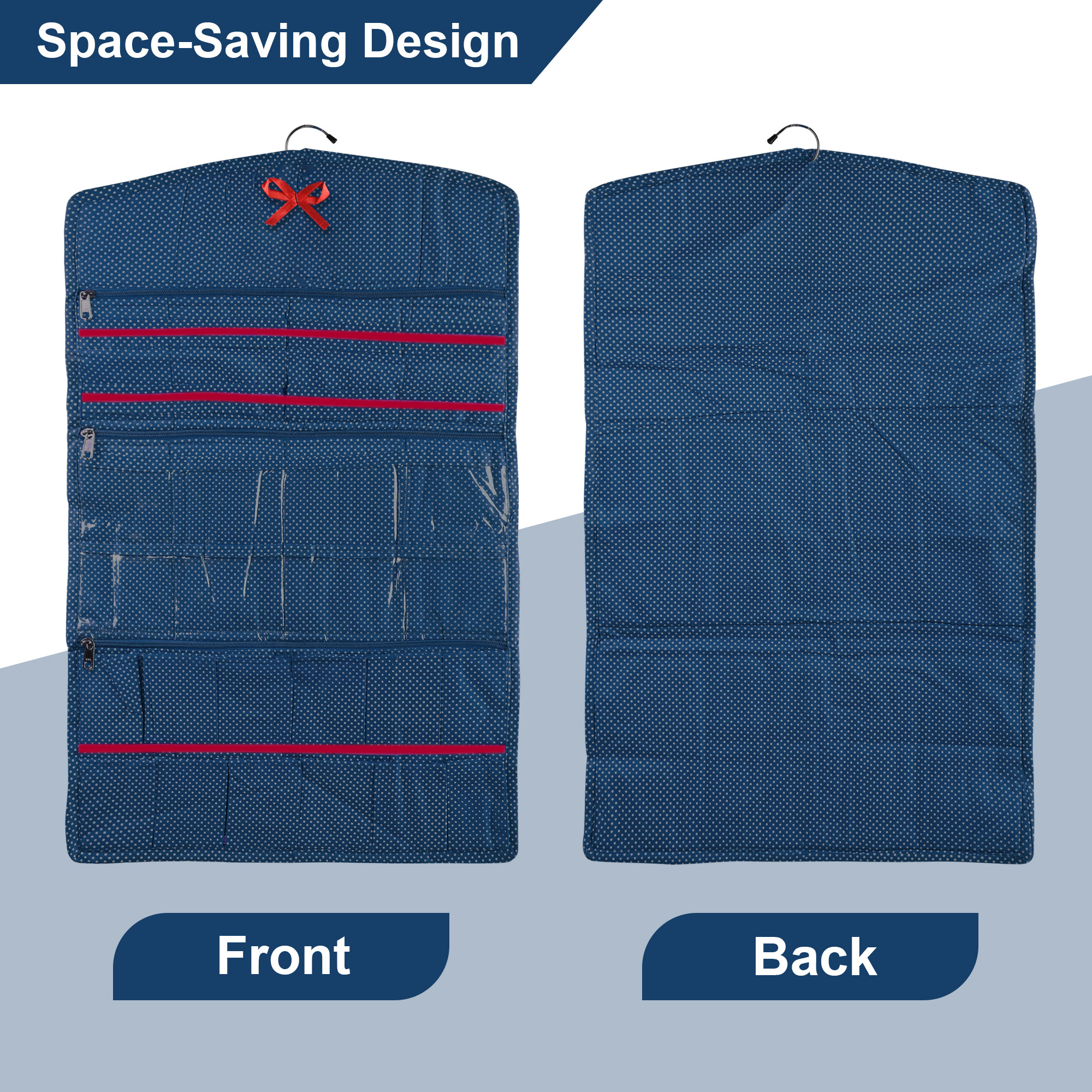 Kuber Industries Cotton Hanging Jewellery Organizer with Zip  Multipurpose Jewellery Storage Bag for Holding Necklaces Bracelets Rings  Earrings  Dot Print - Blue