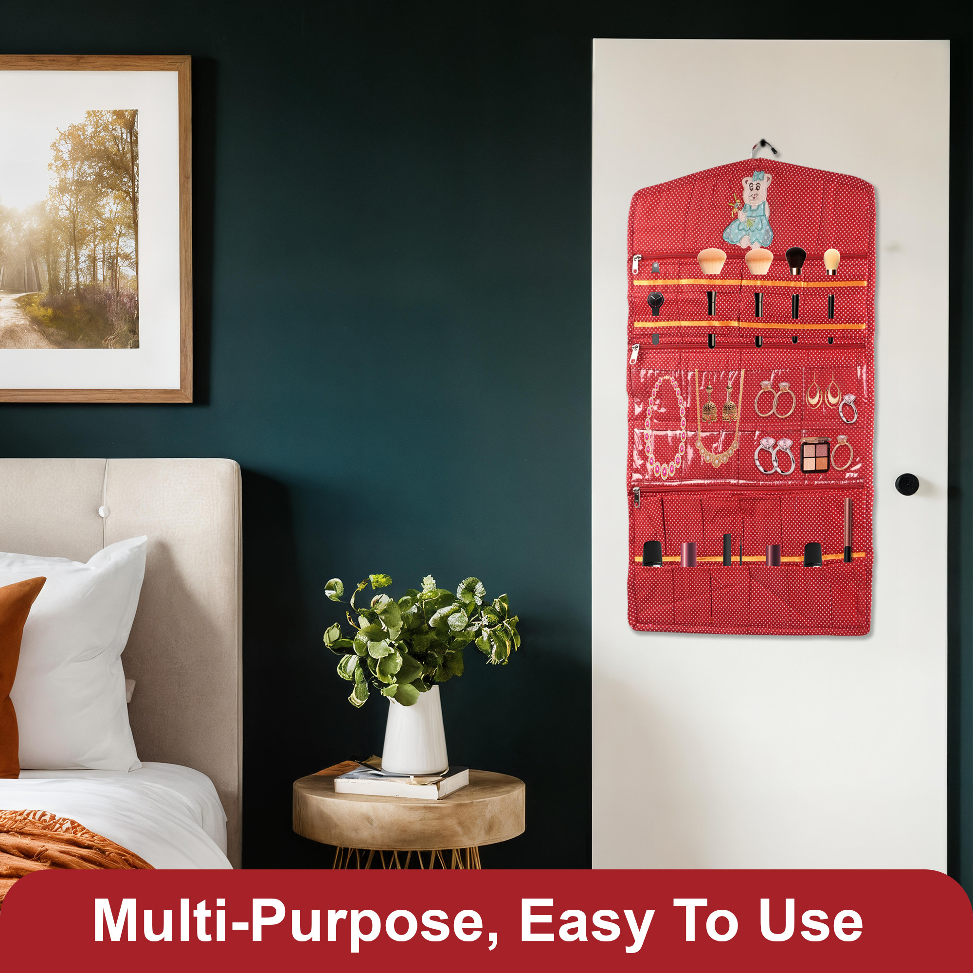 Kuber Industries Cotton Hanging Jewellery Organizer with Zip  Multipurpose Jewellery Storage Bag for Holding Necklaces Bracelets Rings  Earrings  Dot Print - Red