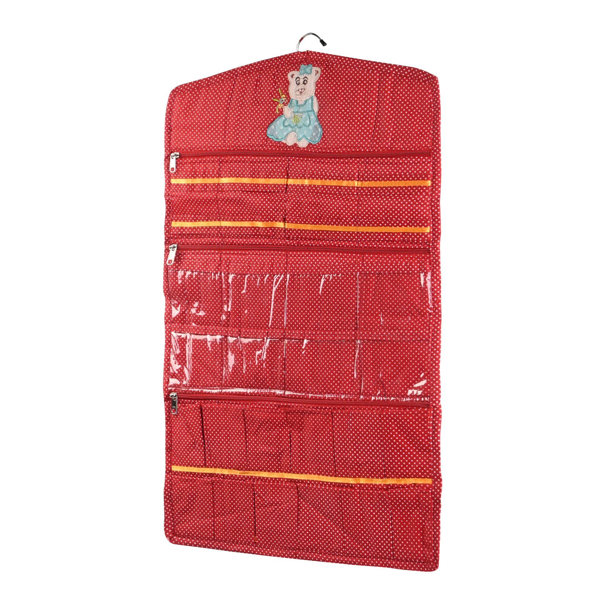 Kuber Industries Cotton Hanging Jewellery Organizer with Zip  Multipurpose Jewellery Storage Bag for Holding Necklaces Bracelets Rings  Earrings  Dot Print - Red