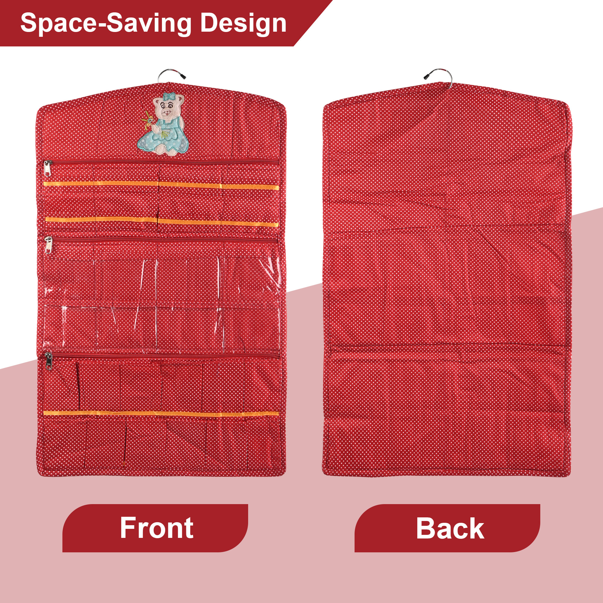 Kuber Industries Cotton Hanging Jewellery Organizer with Zip  Multipurpose Jewellery Storage Bag for Holding Necklaces Bracelets Rings  Earrings  Dot Print - Red