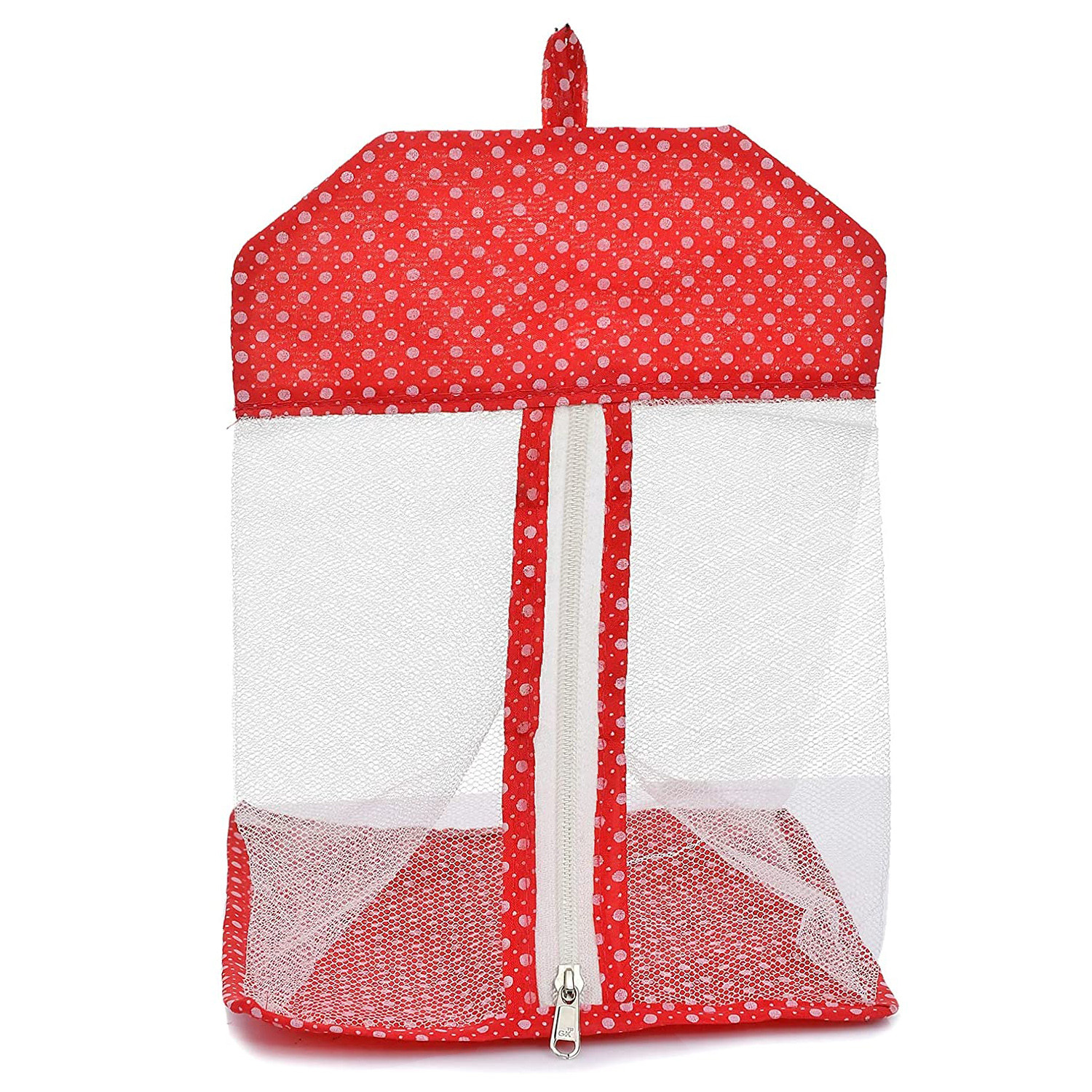 Kuber Industries Cotton Hanging Organizer|Multipurpose Dot Print Mesh Storage Bag With Closure Zipper (Orange)