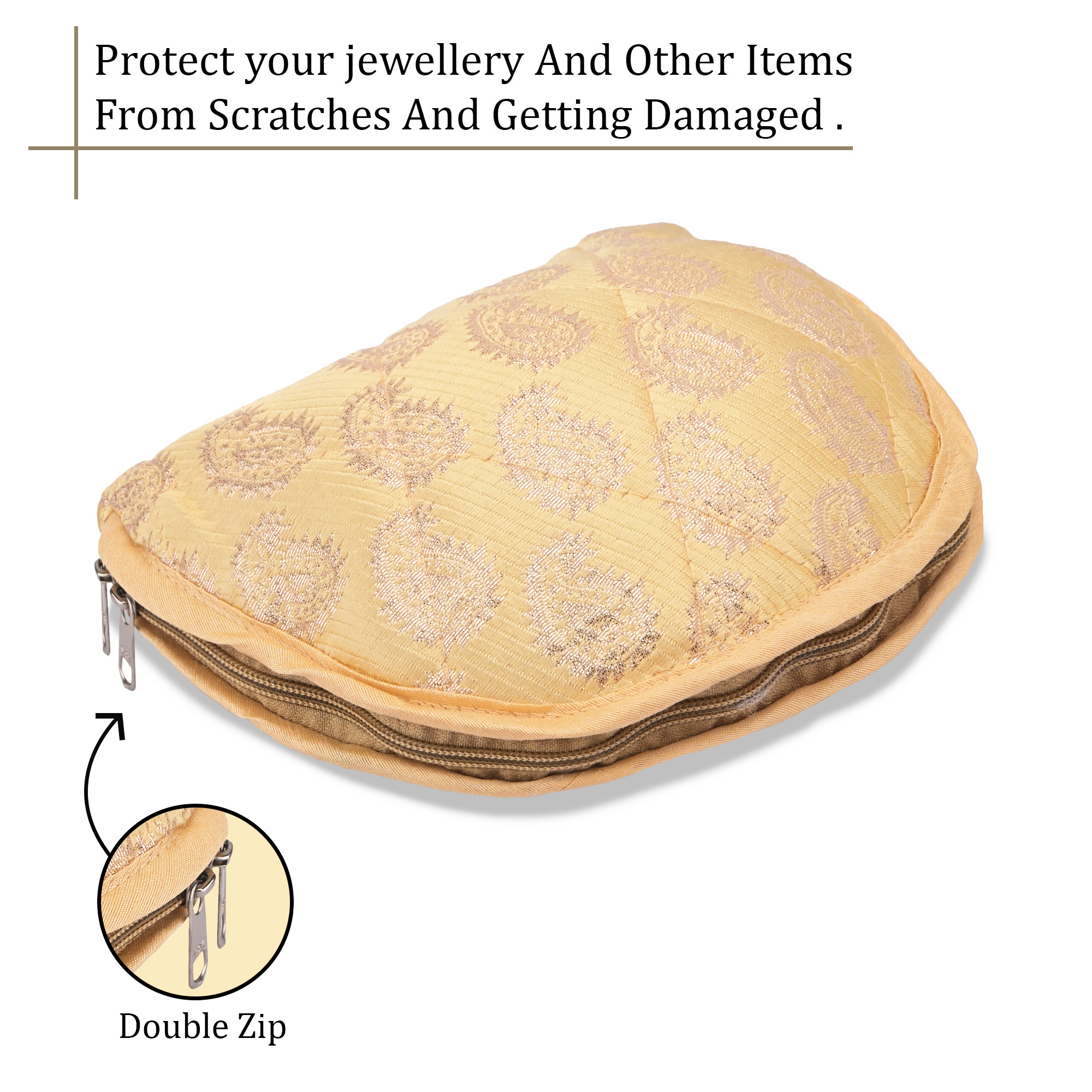 Kuber Industries Cotton Jewellery Kit with 4 Transparent Pouches  Foldable Jewellery Organisers Bag for Necklaces Rings Earrings  Bracelets  Jama D Print - Golden